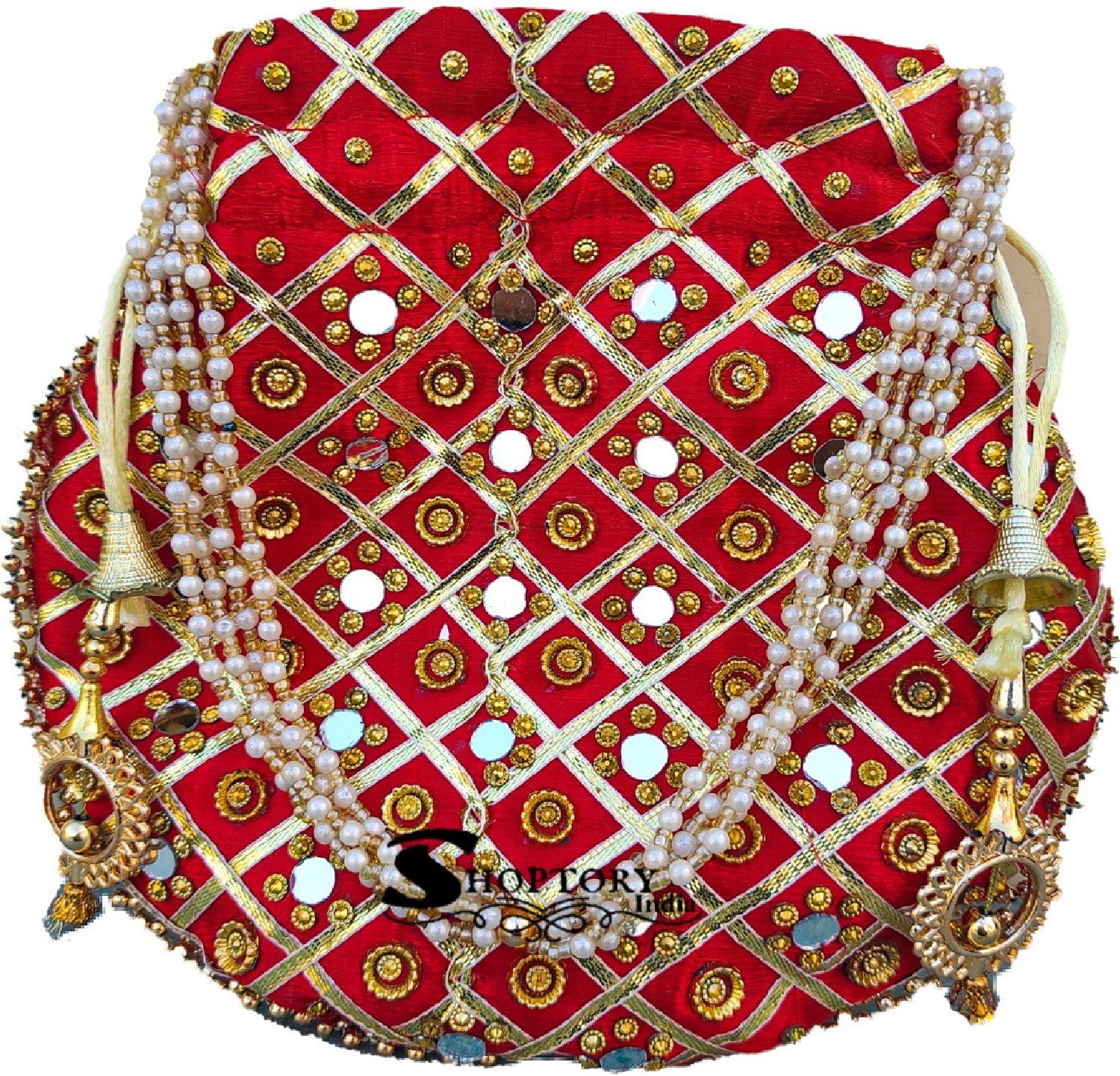 Women's Wristlets  Potli  Party Wear Designer Matka Potli Rajasthani Style Royal Mirror Work Potli Bags Silk Batwa Bag Zari Work Bridal Potli - Red - Ritzie
