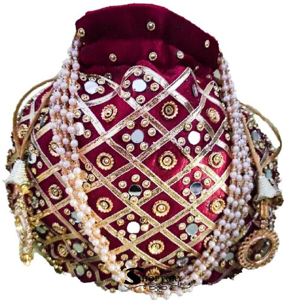 Women's Wristlets  Potli  Party Wear Designer Matka Potli Rajasthani Style Royal Mirror Work Potli Bags Silk Batwa Bag Zari Work Bridal Potli - Maroon - Ritzie
