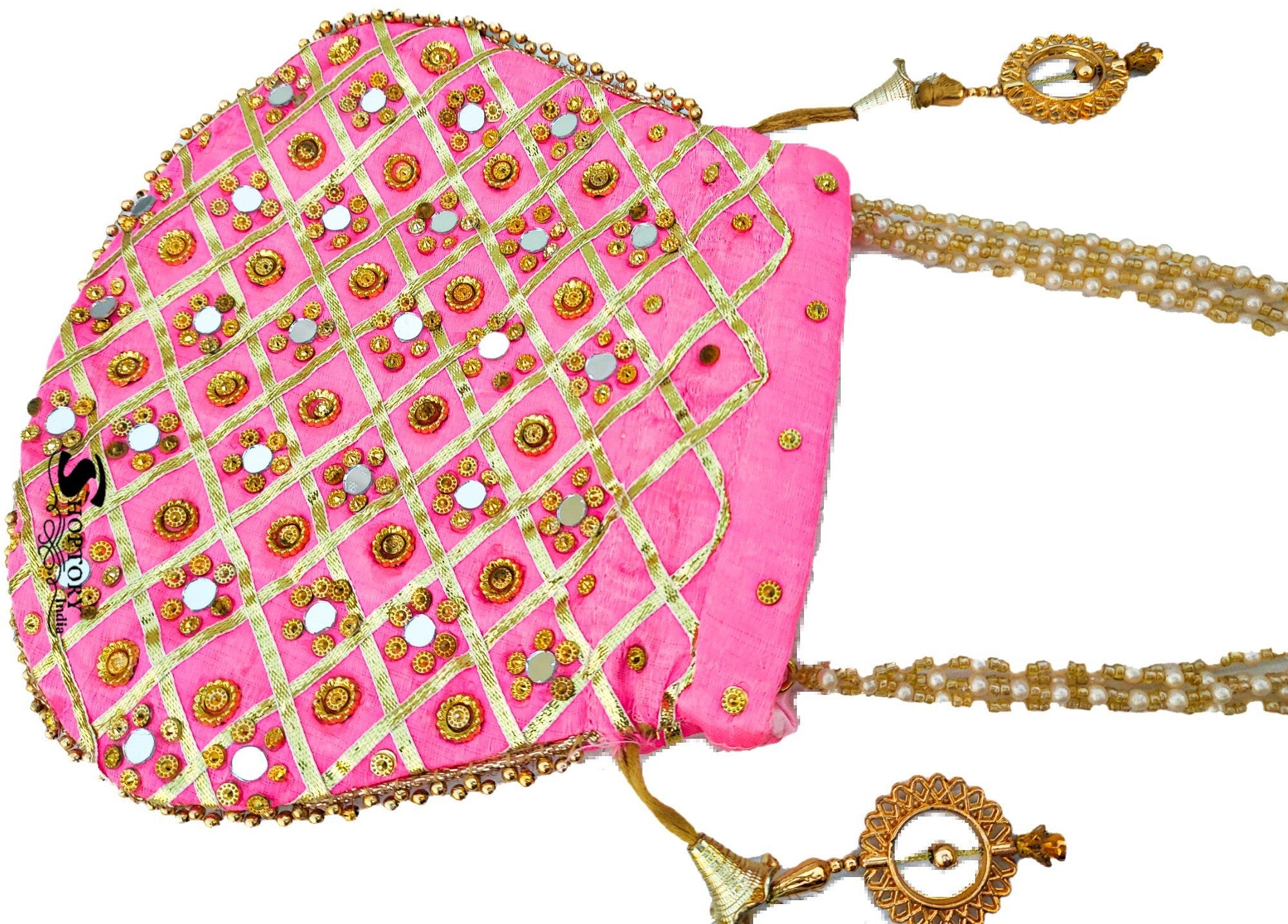 Women's Wristlets  Potli  Party Wear Designer Matka Potli Rajasthani Style Royal Mirror Work Potli Bags Silk Batwa Bag Zari Work Bridal Potli - Light Pink - Ritzie