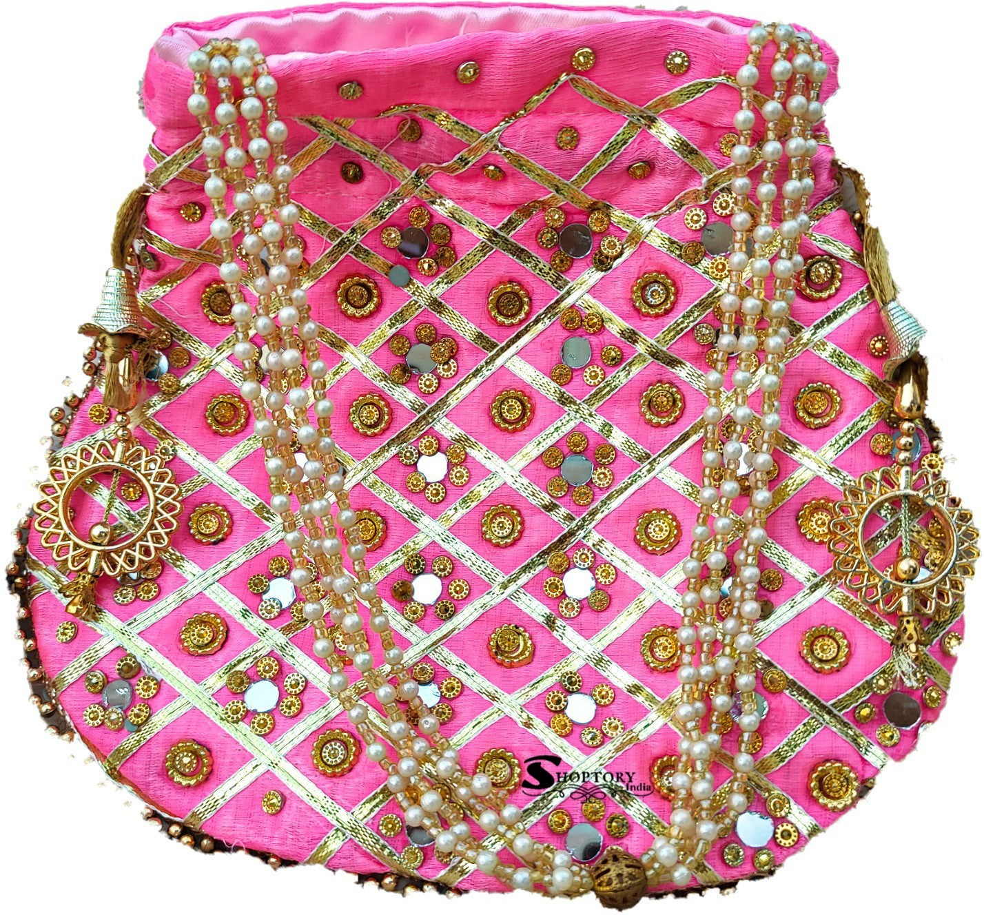 Women's Wristlets  Potli  Party Wear Designer Matka Potli Rajasthani Style Royal Mirror Work Potli Bags Silk Batwa Bag Zari Work Bridal Potli - Light Pink - Ritzie