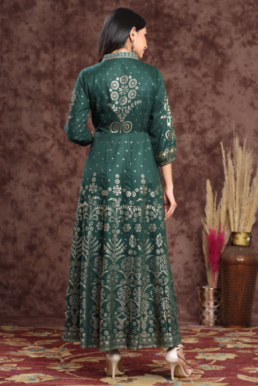 Women's Jadegreen Rayon Printed Anarkali Dress - Juniper