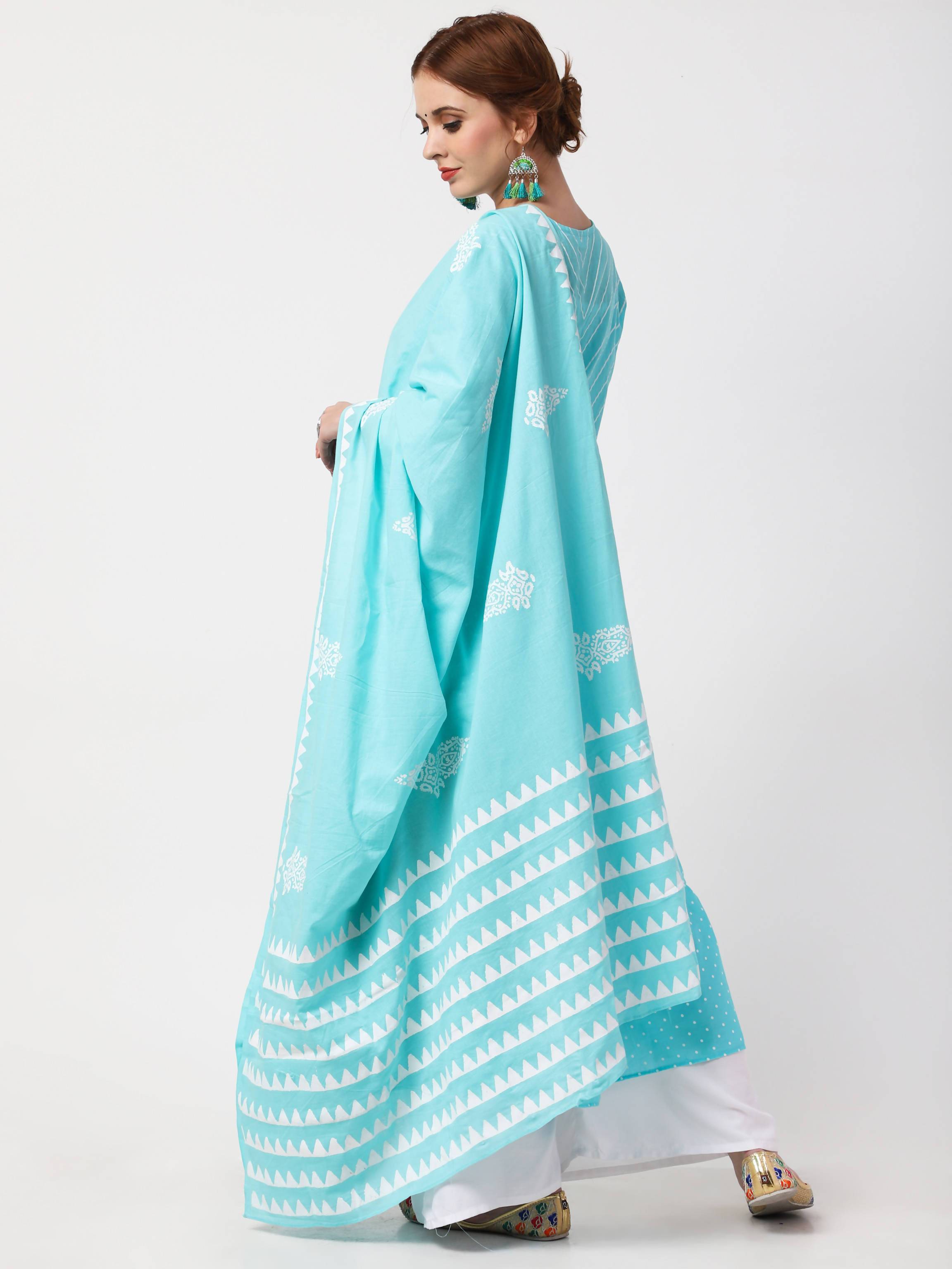 Women's Turquoise Cotton A-Line Khadi Print Kurta Only - Cheera