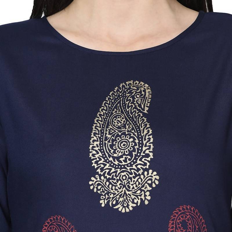 Women's Navy Blue Rayon Block print straight kurt