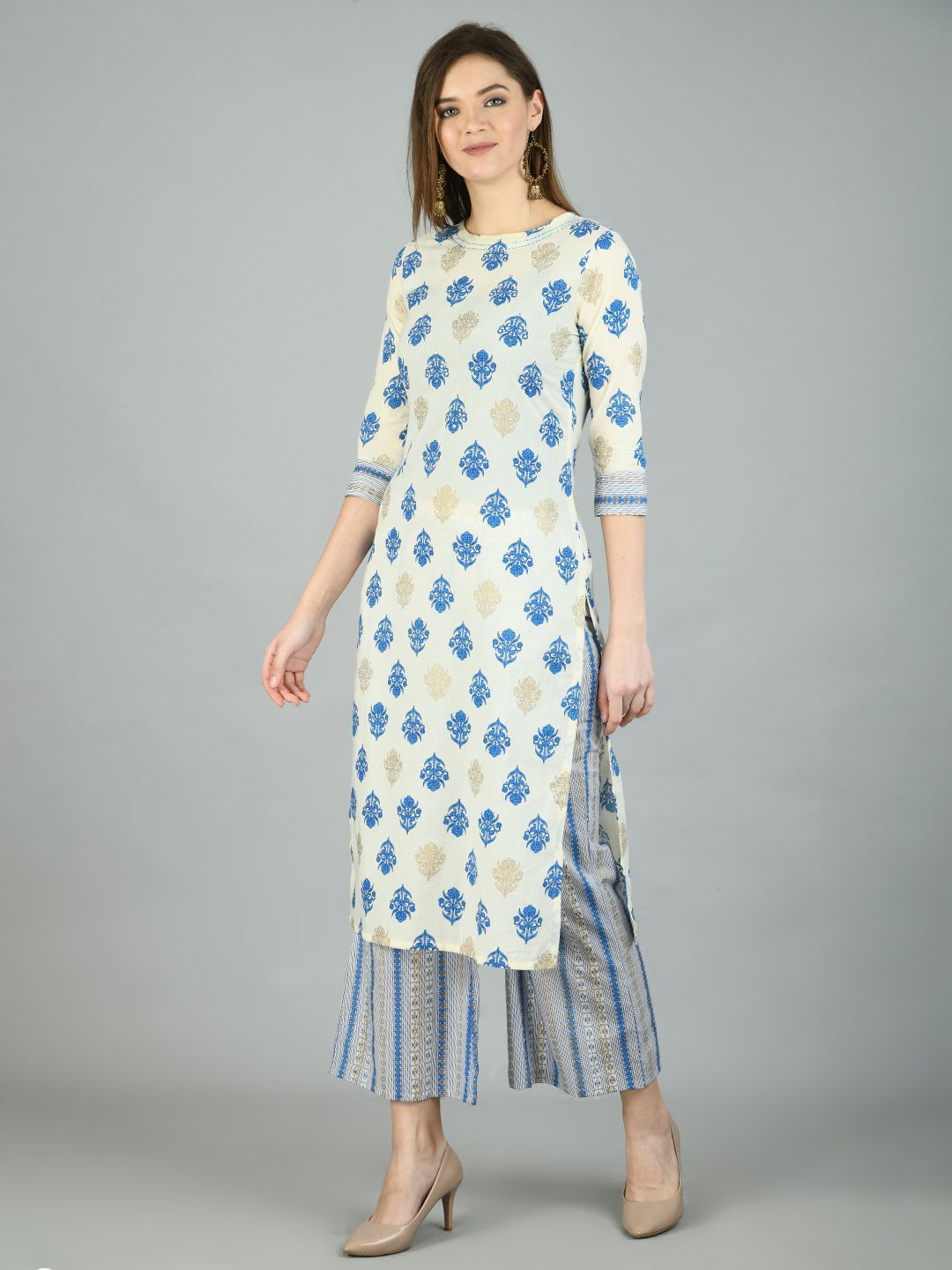Women's Multi Cotton Printed 3/4 Sleeve Round Neck Casual Kurta Palazzo Set - Myshka