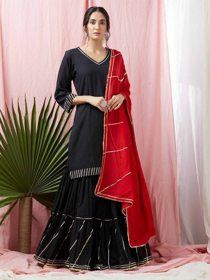 Women's Black & Red 100% Cotton Kurta Skirt Dupatta Set