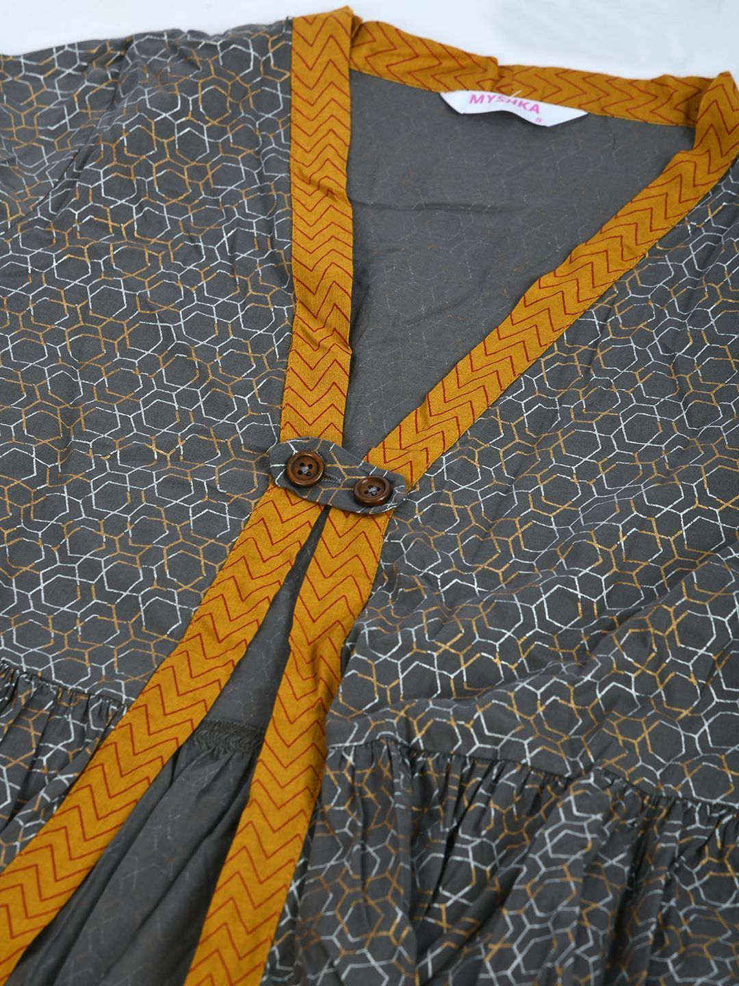 Women's Grey Cotton Printed Full Sleeve V Neck Casual Shrug - Myshka