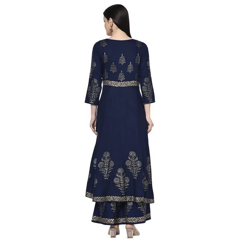 Women's Navy Blue Rayon Foil print Anarkali kurta