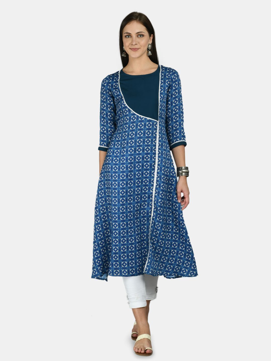 Women's Blue Cotton Printed 3/4 Sleeve Round Neck Casual kurta - Myshka