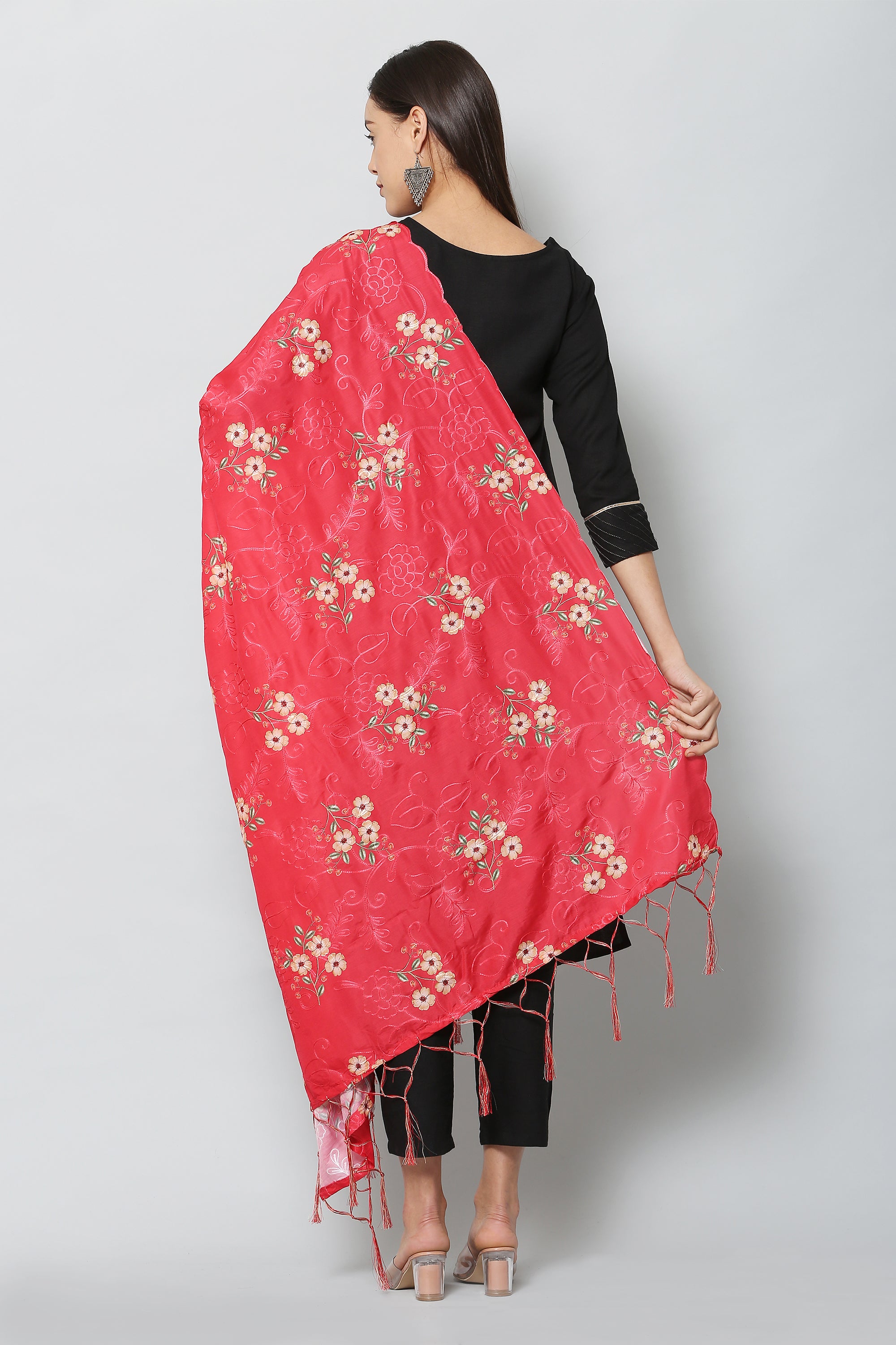 Women's Red Color Art Muslin Embroidery and Digital Printed Dupatta - VAABA