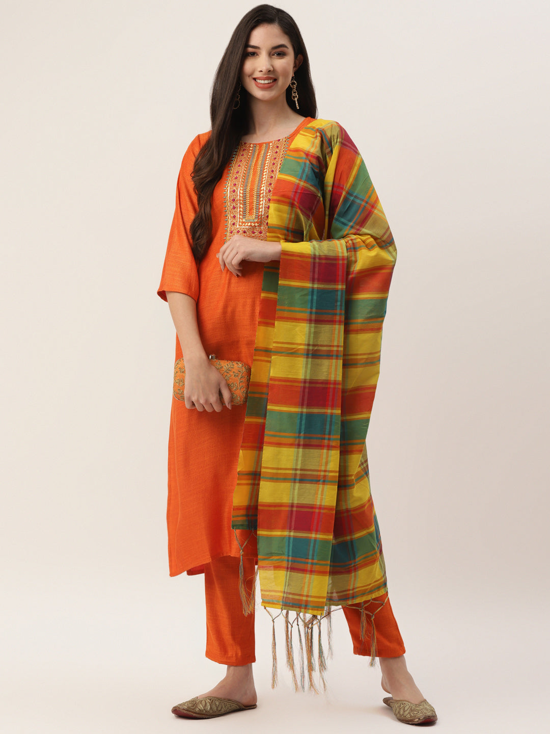 Women's Orange Color Rayon blend Embroidered Straight Kurta Pant With Dupatta   - VAABA
