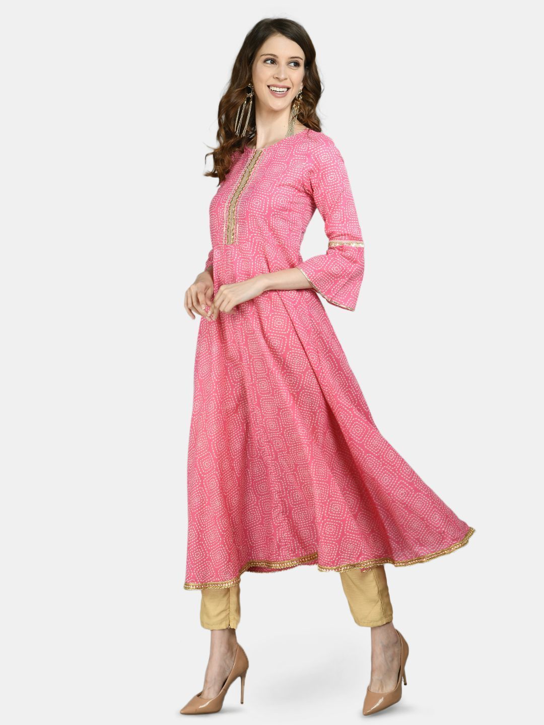 Women's Pink Cotton Printed 3/4 Sleeve Round Neck Casual Anarkali kurta - Myshka
