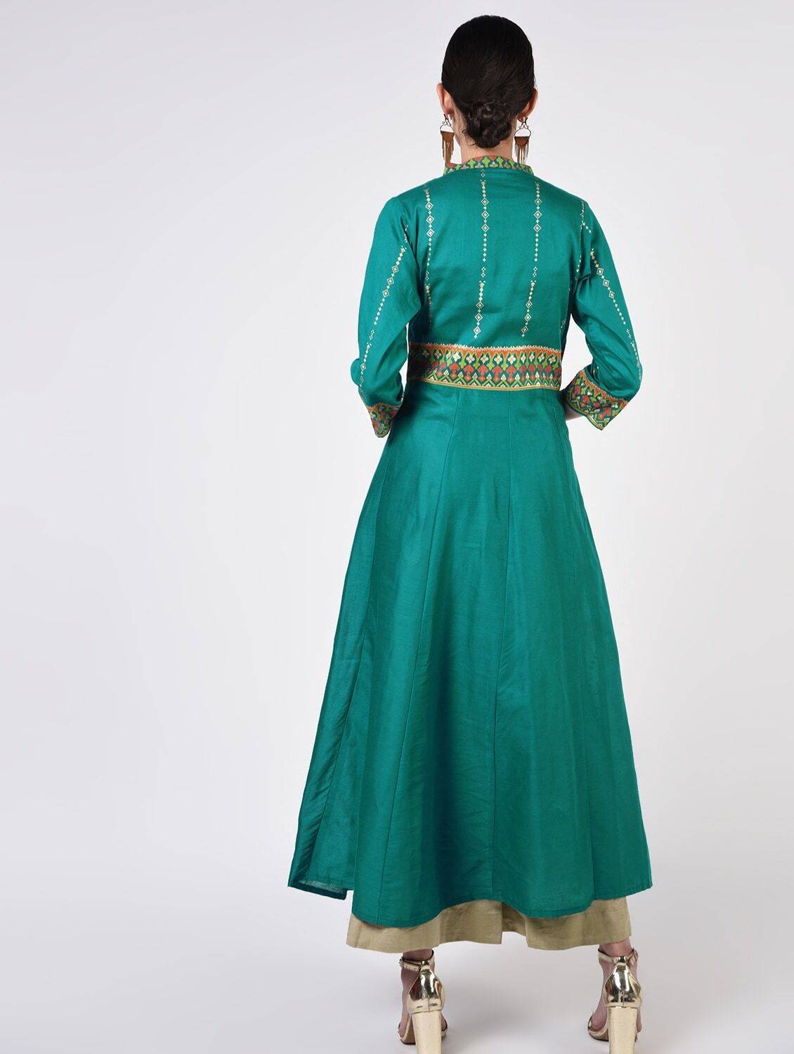Women's Turquoise Cotton Hand Block Print Ghagra Style Anarkali Kurta Only - Cheera