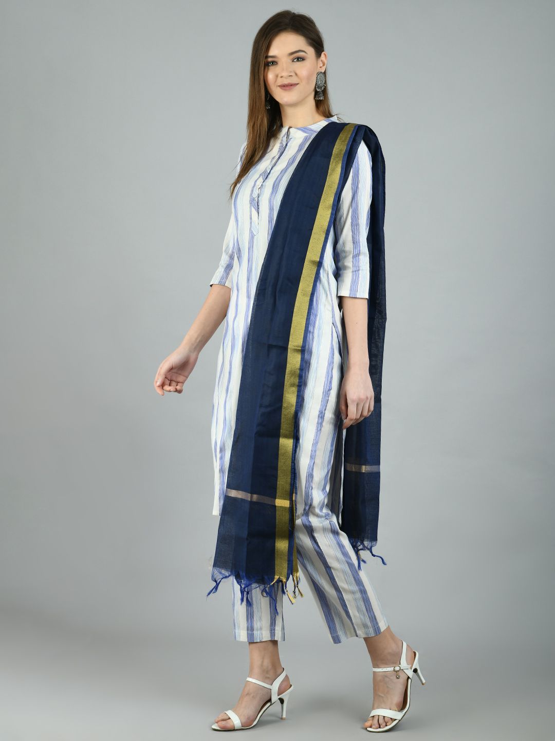 Women's White::Blue Cotton Printed 3/4 Sleeve Mandarin Neck Casual Kurta Pant Dupatta Set - Myshka