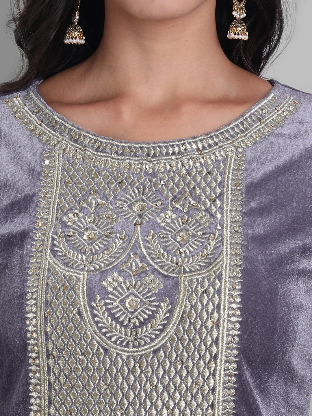 Women's Grey Embroidered Velvet Kurta With Trousers & Withã¢ Dupatta - Noz2Toz
