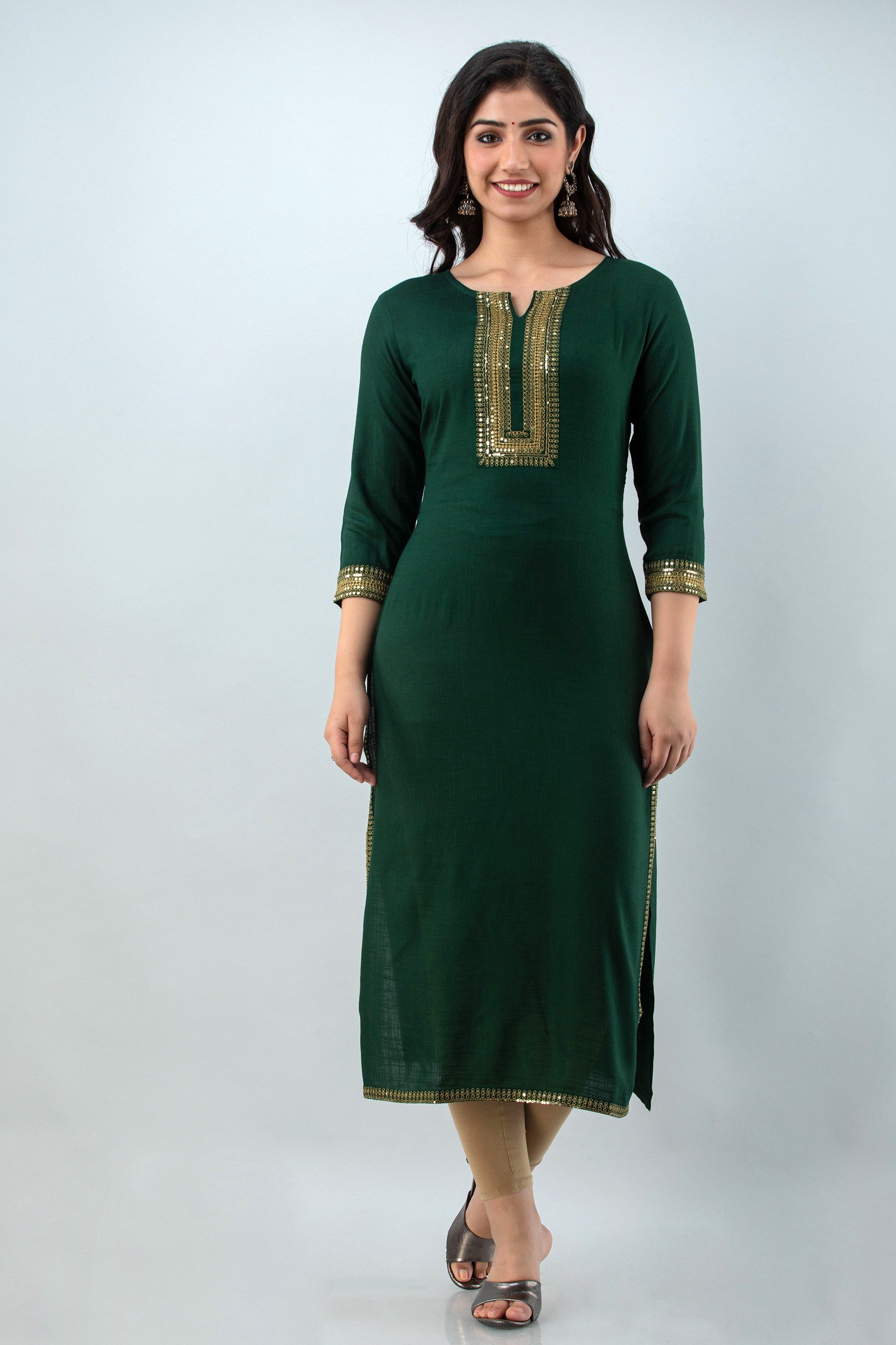 Women's Embellished Viscose Rayon Straight Kurta (Bottle Green) - Charu