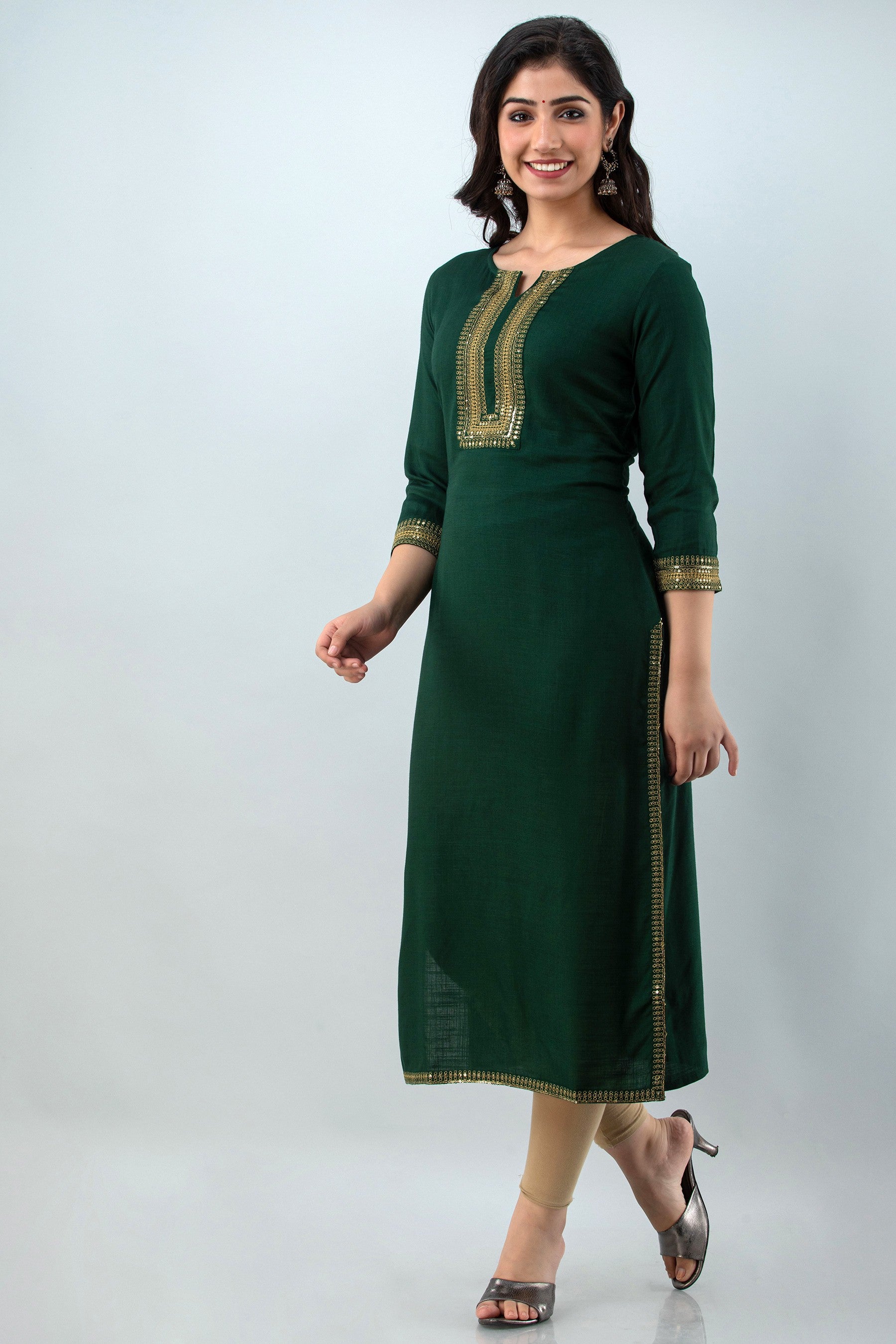Women's Embellished Viscose Rayon Straight Kurta (Bottle Green) - Charu
