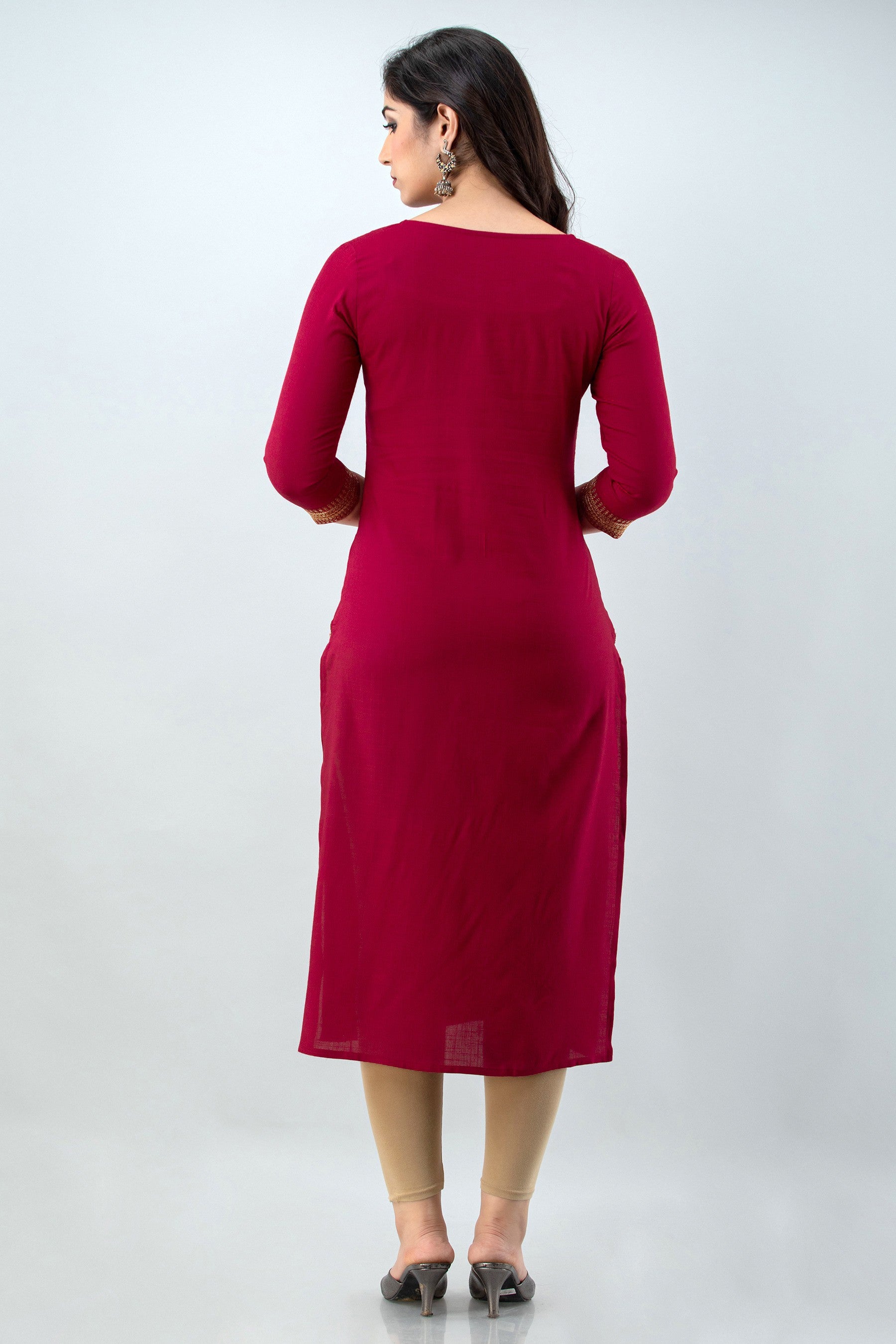 Women's Embellished Viscose Rayon Straight Kurta (Mineral Red) - Charu
