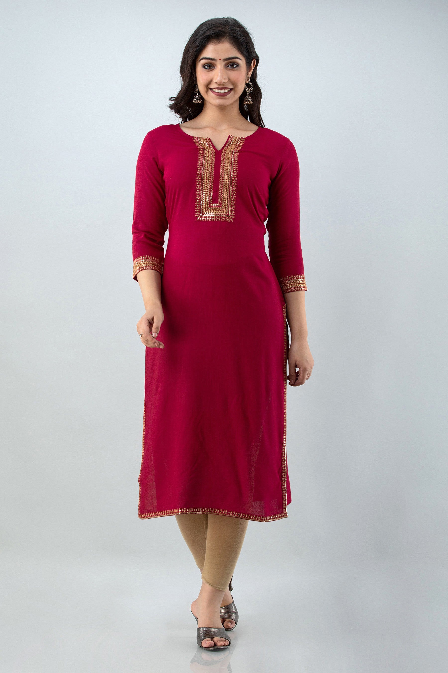 Women's Embellished Viscose Rayon Straight Kurta (Mineral Red) - Charu