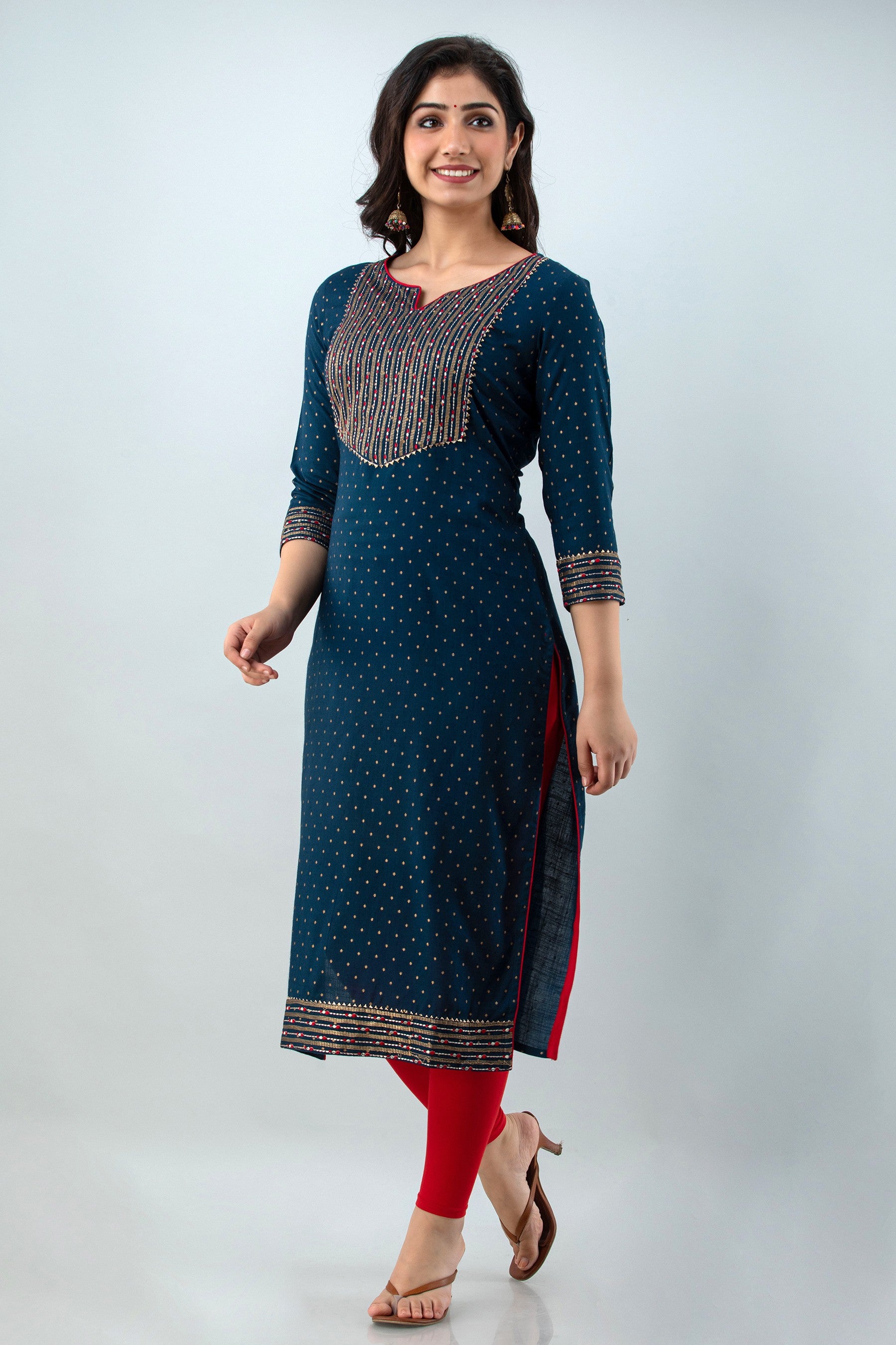 Women's Embroidered Viscose Rayon Straight Kurta (Teal Blue) - Charu