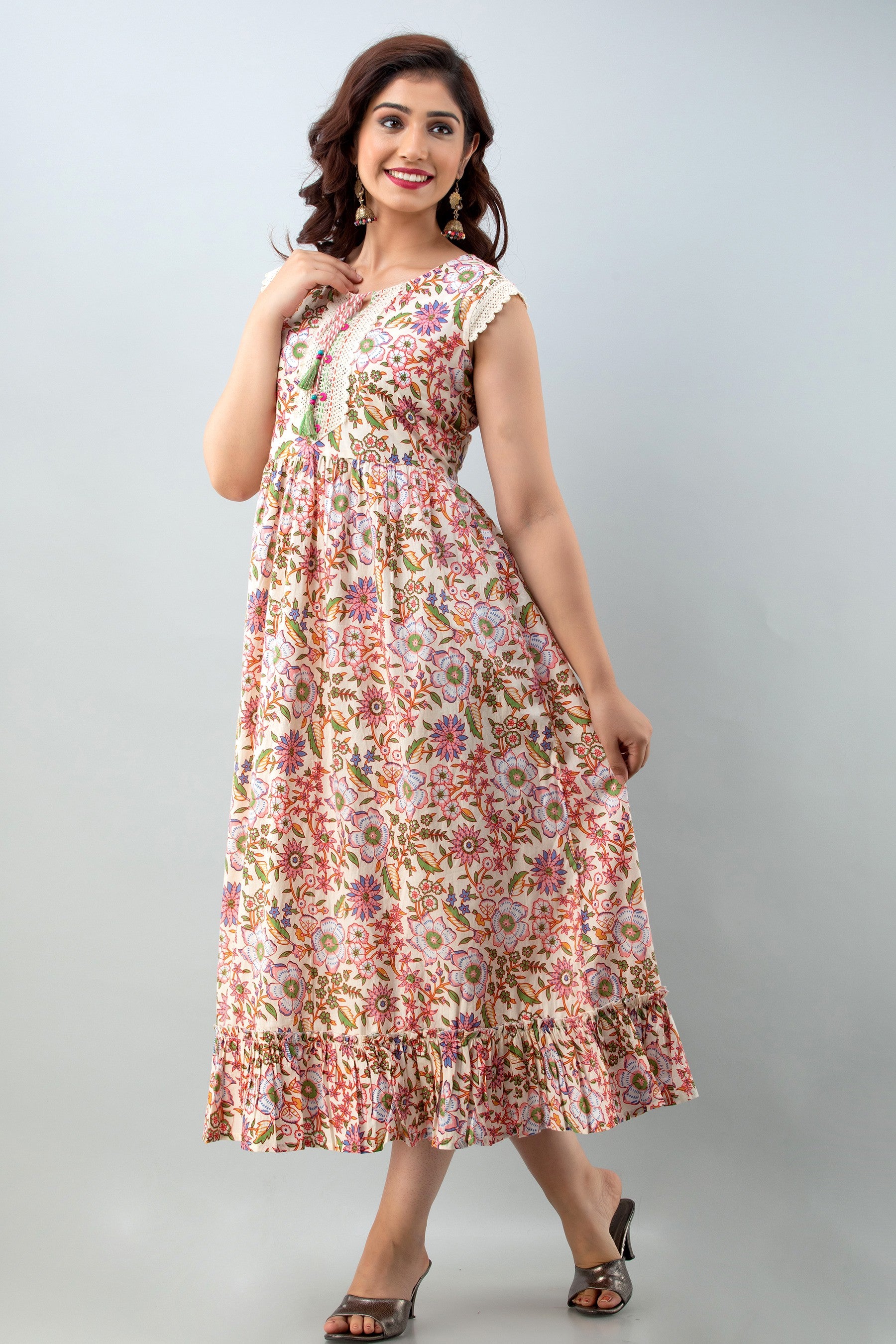 Women's Floral Pure Cotton Gown Kurta (Beige) - Charu