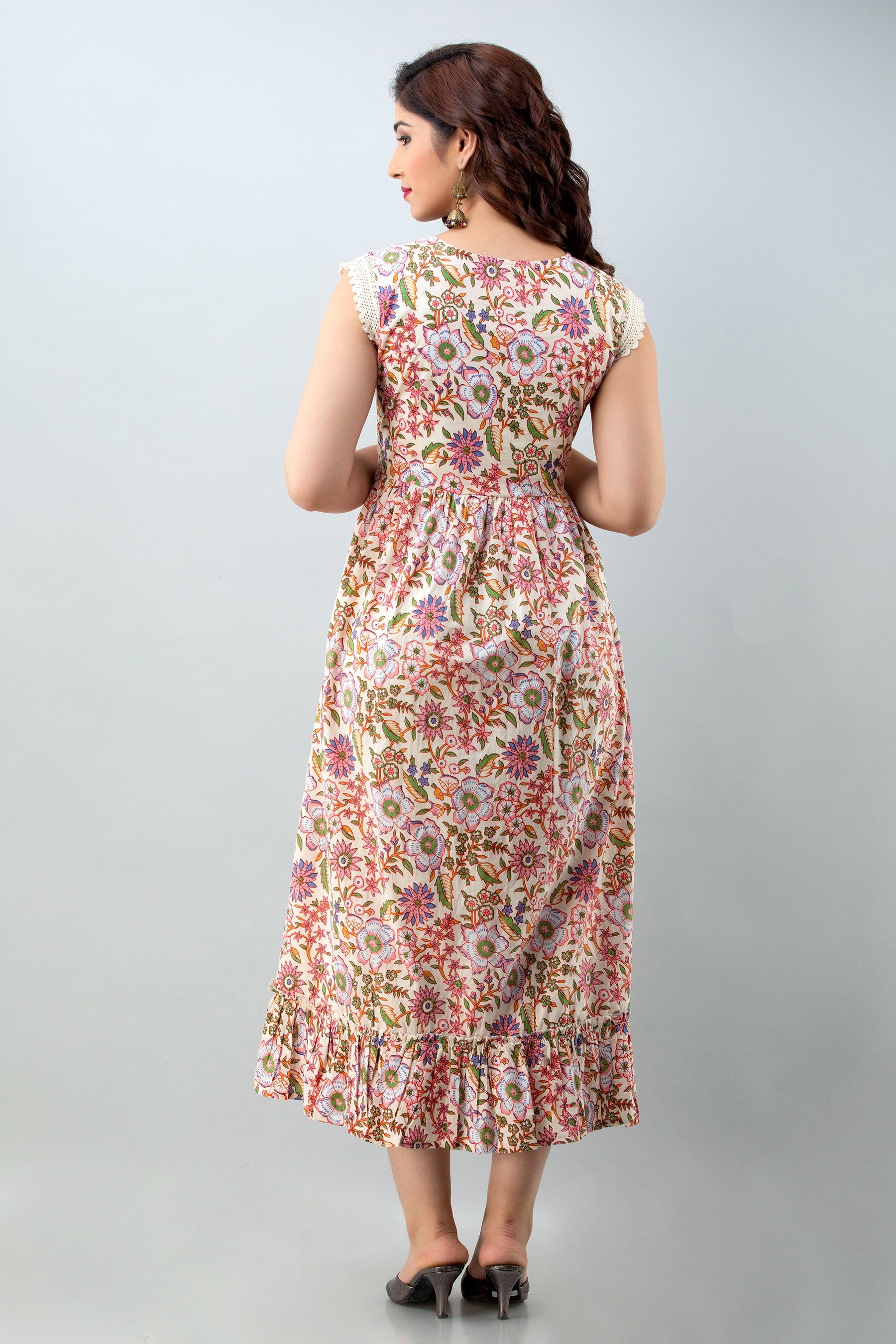 Women's Floral Pure Cotton Gown Kurta (Beige) - Charu