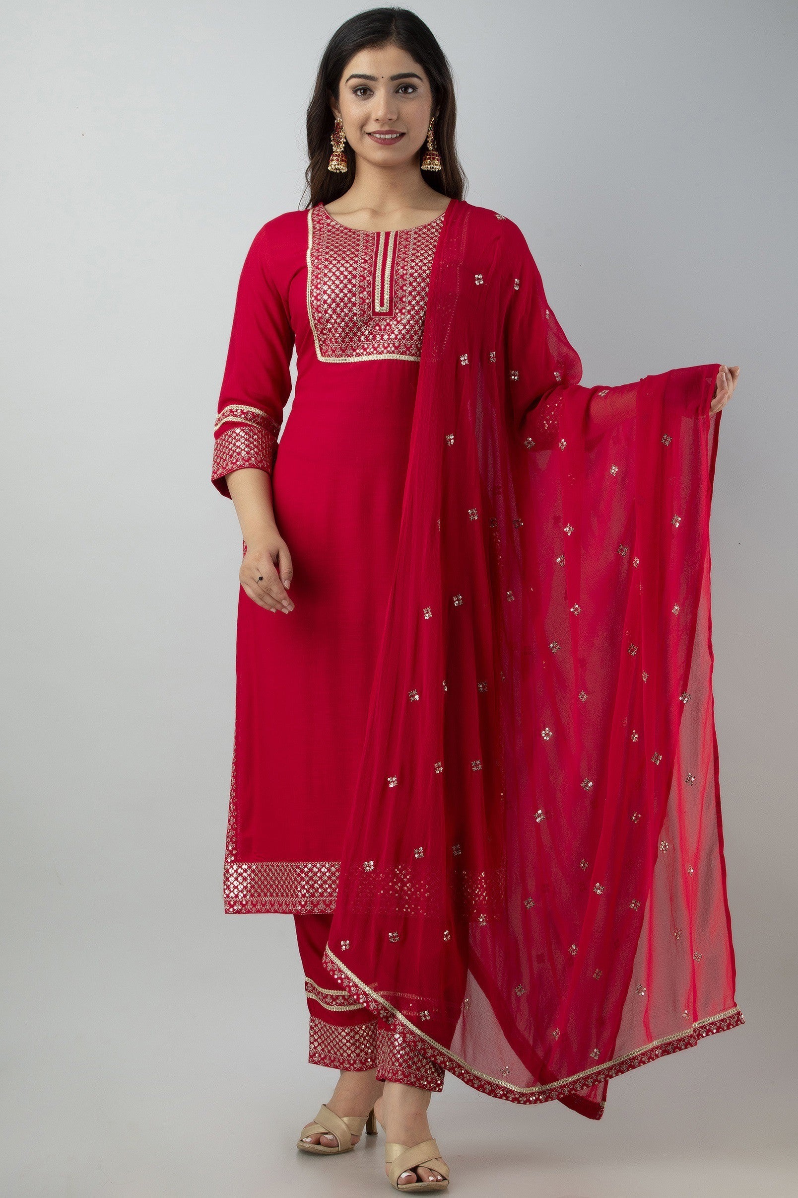 Women's Embroidered Viscose Rayon Straight Kurta Pant Set (Pink) - Charu