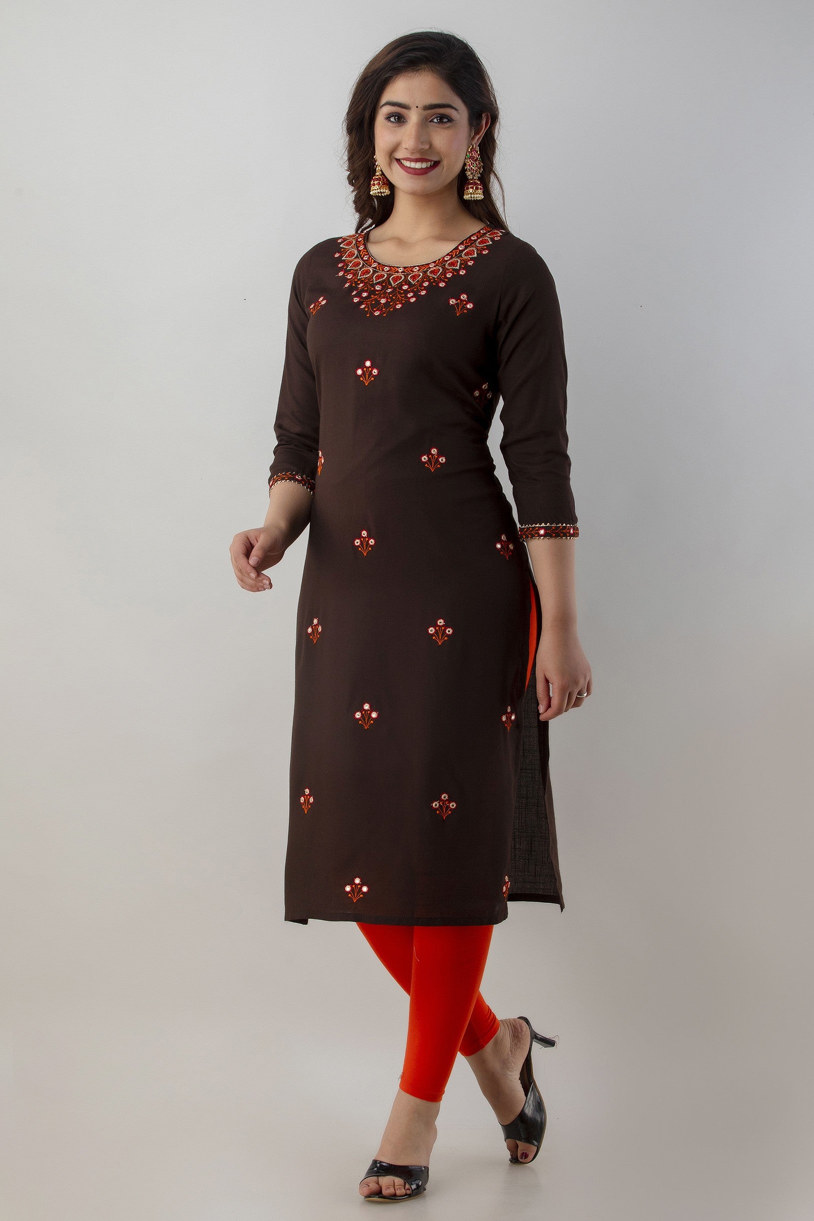 Women's Embroidered Viscose Rayon Straight Kurta (Brown) - Charu