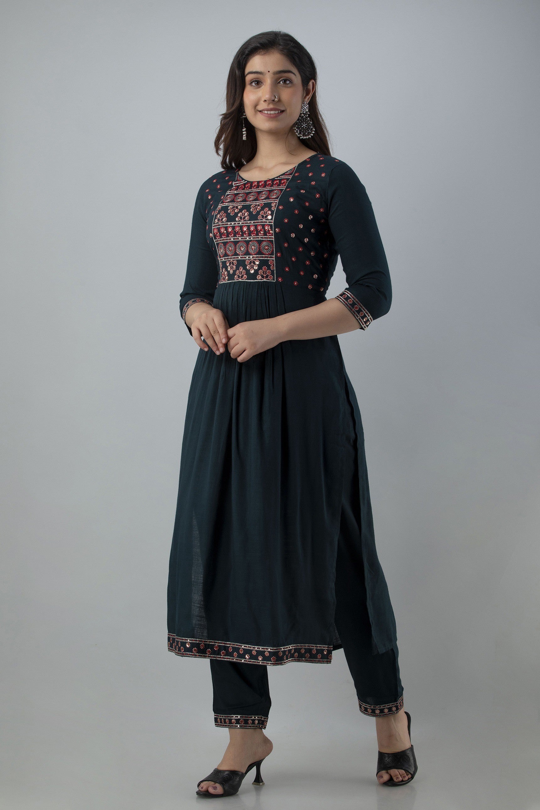 Women's Embroidered Viscose Rayon Naira Cut Kurta Pant & Dupatta Set (Teal) - Charu