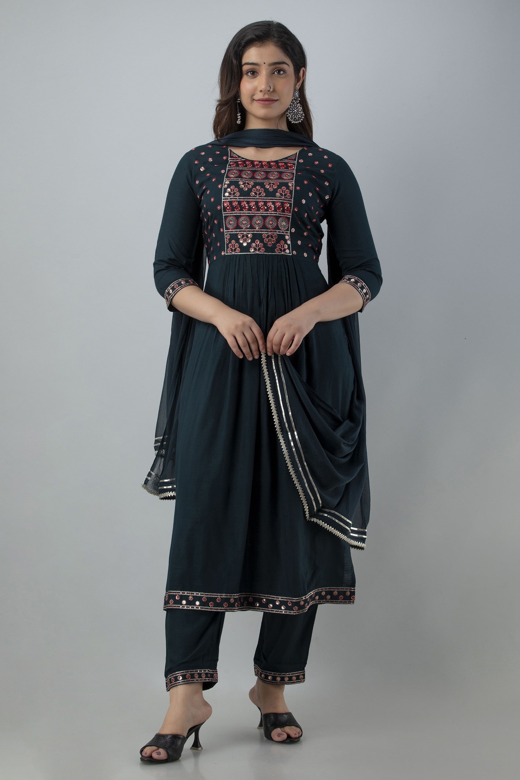 Women's Embroidered Viscose Rayon Naira Cut Kurta Pant & Dupatta Set (Teal) - Charu