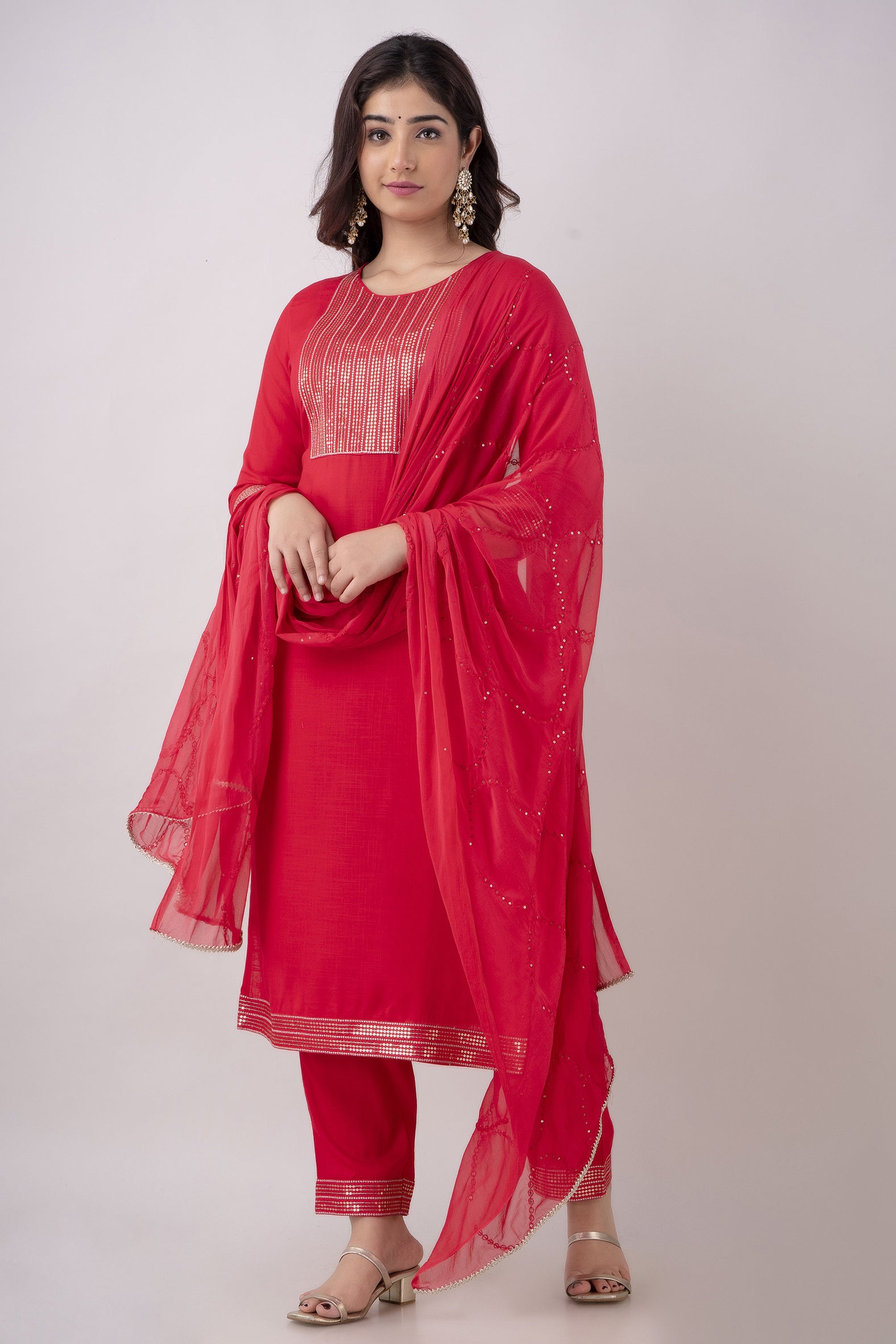 Women's Embroidered Viscose Rayon Straight Kurta Pant & Dupatta Set (Rani) - Charu