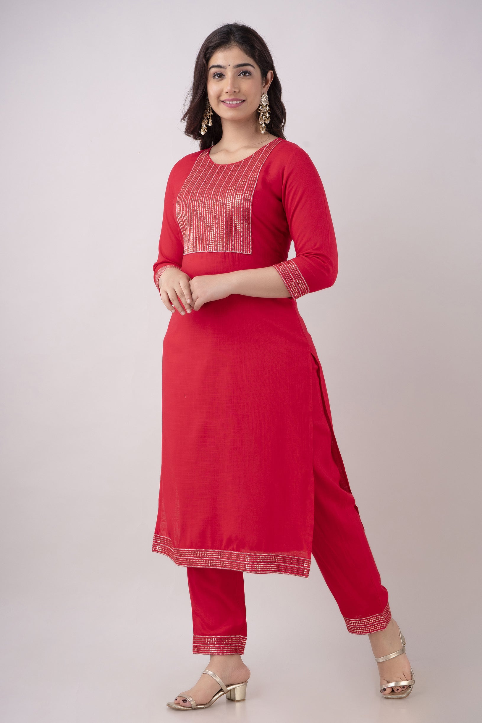 Women's Embroidered Viscose Rayon Straight Kurta Pant & Dupatta Set (Rani) - Charu