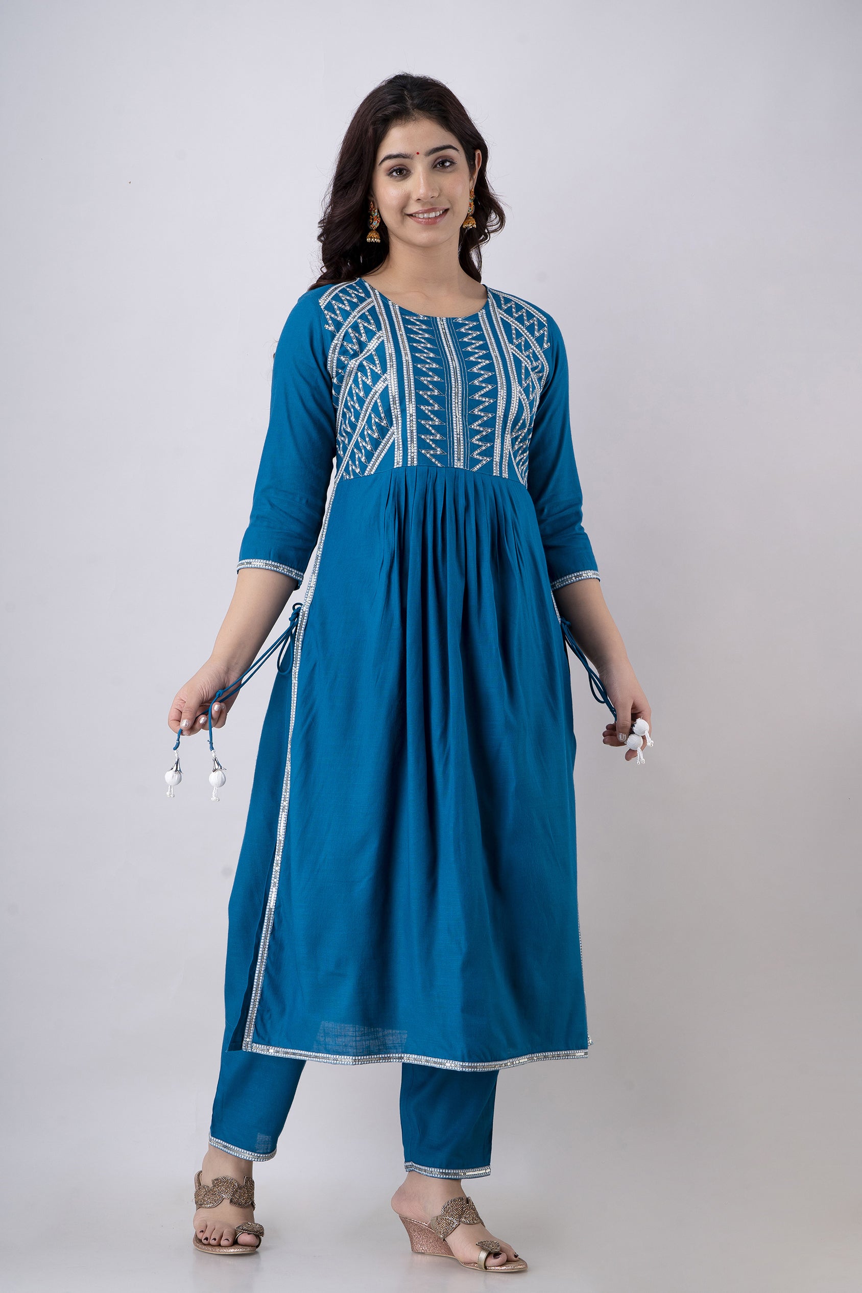 Women's Embroidered Viscose Rayon Naira Cut Kurta Pant & Dupatta Set (Teal Blue) - Charu