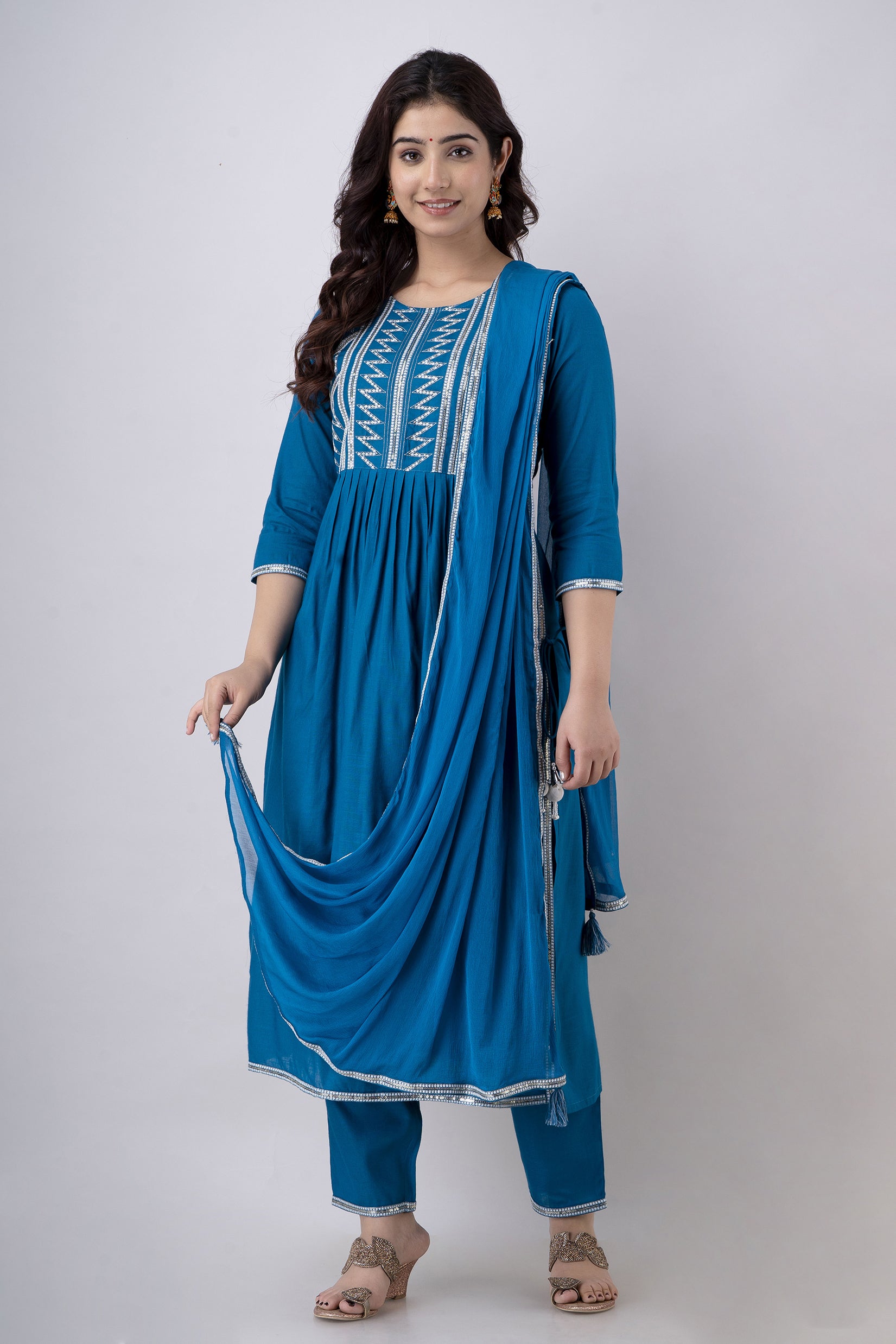 Women's Embroidered Viscose Rayon Naira Cut Kurta Pant & Dupatta Set (Teal Blue) - Charu