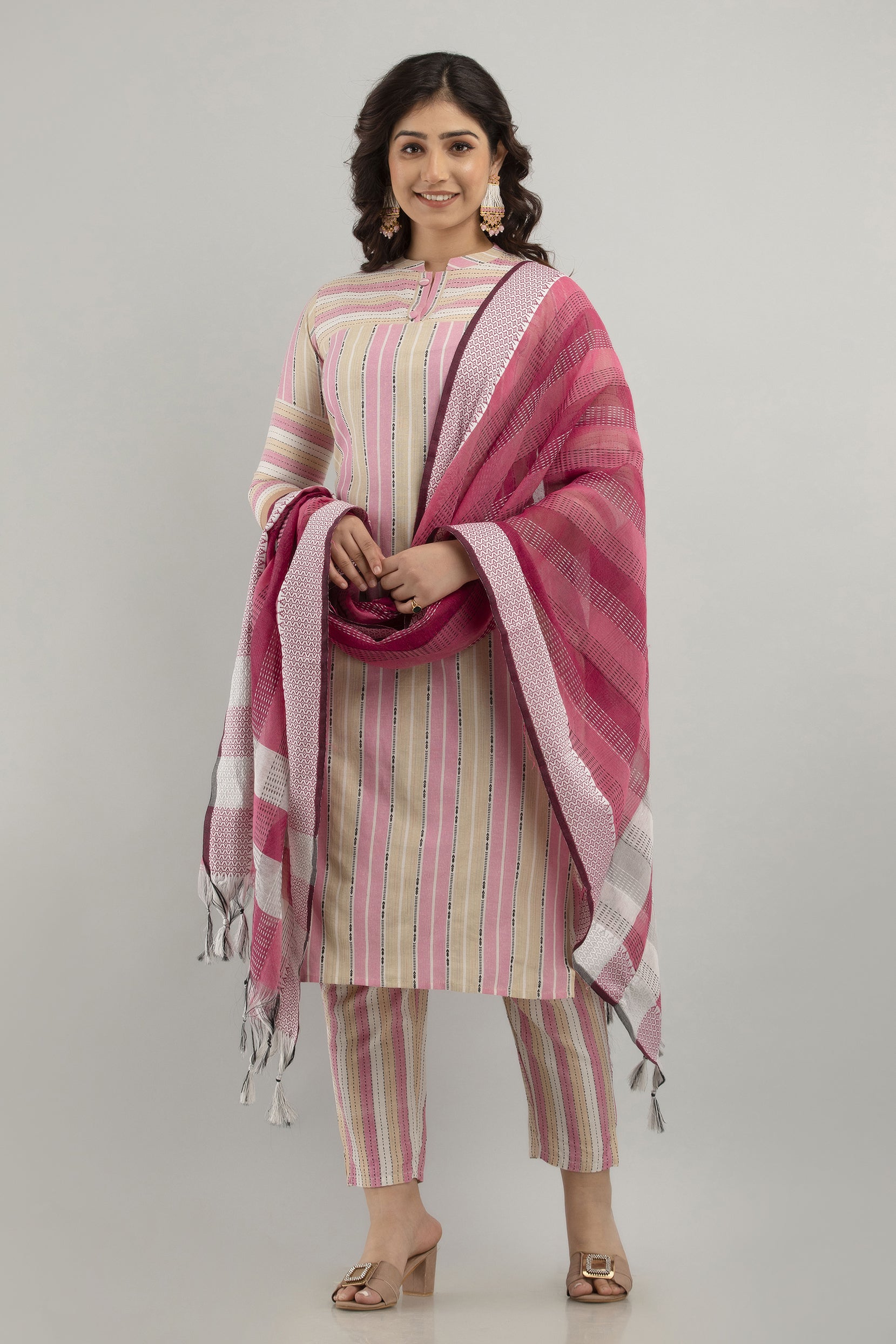 Women's Striped Pure Cotton Straight Kurta Pant Set (Pink) - Charu