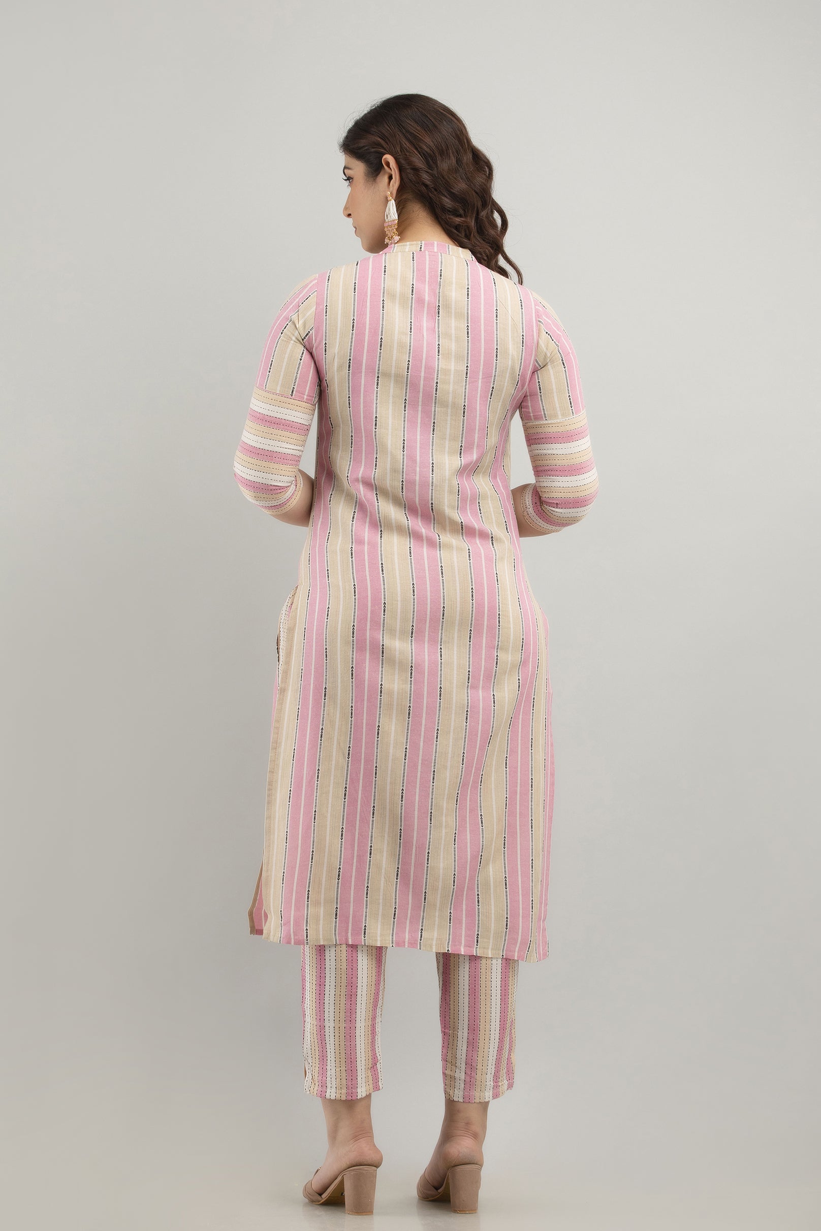 Women's Striped Pure Cotton Straight Kurta Pant Set (Pink) - Charu