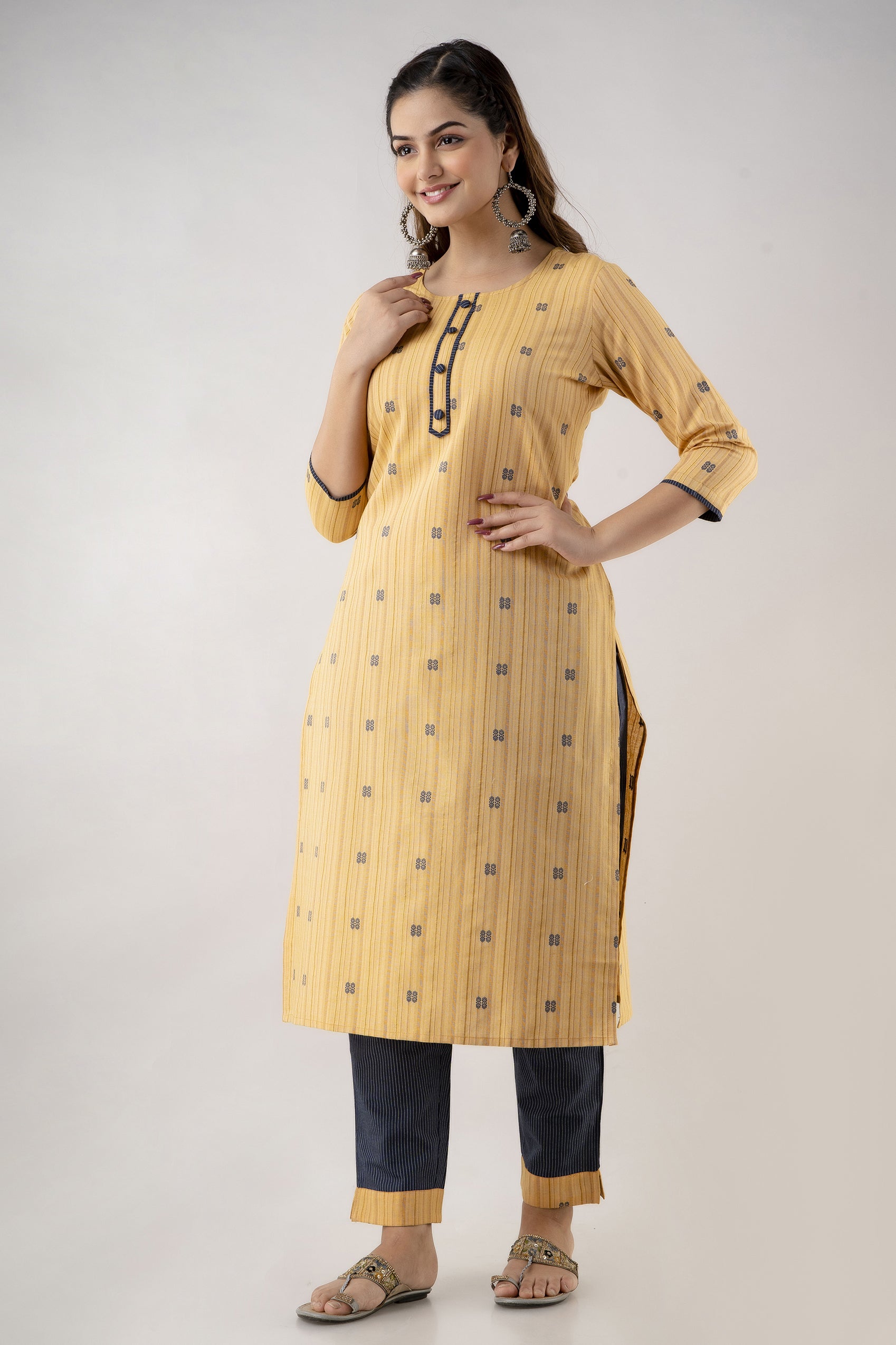 Women's Striped Pure Cotton Straight Kurta Pant & Dupatta Set (Yellow) - Charu