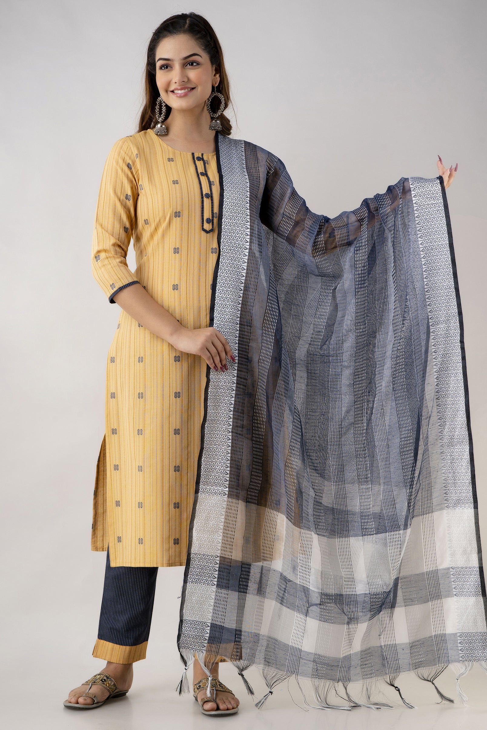 Women's Striped Pure Cotton Straight Kurta Pant & Dupatta Set (Yellow) - Charu
