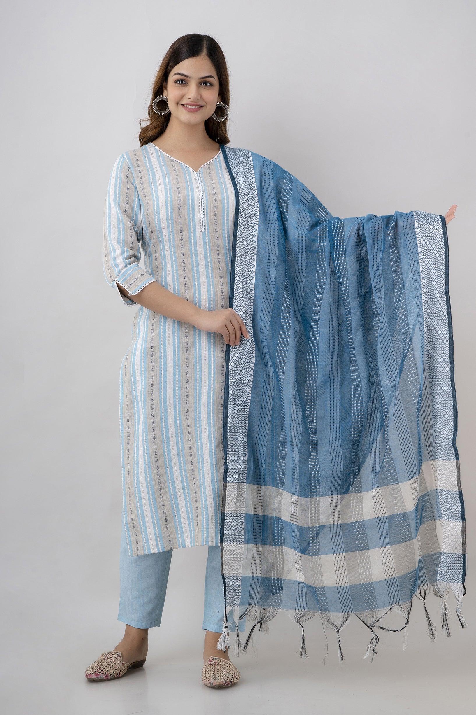 Women's Striped Cotton Blend Straight Kurta Pant & Dupatta Set (Sky Blue) - Charu