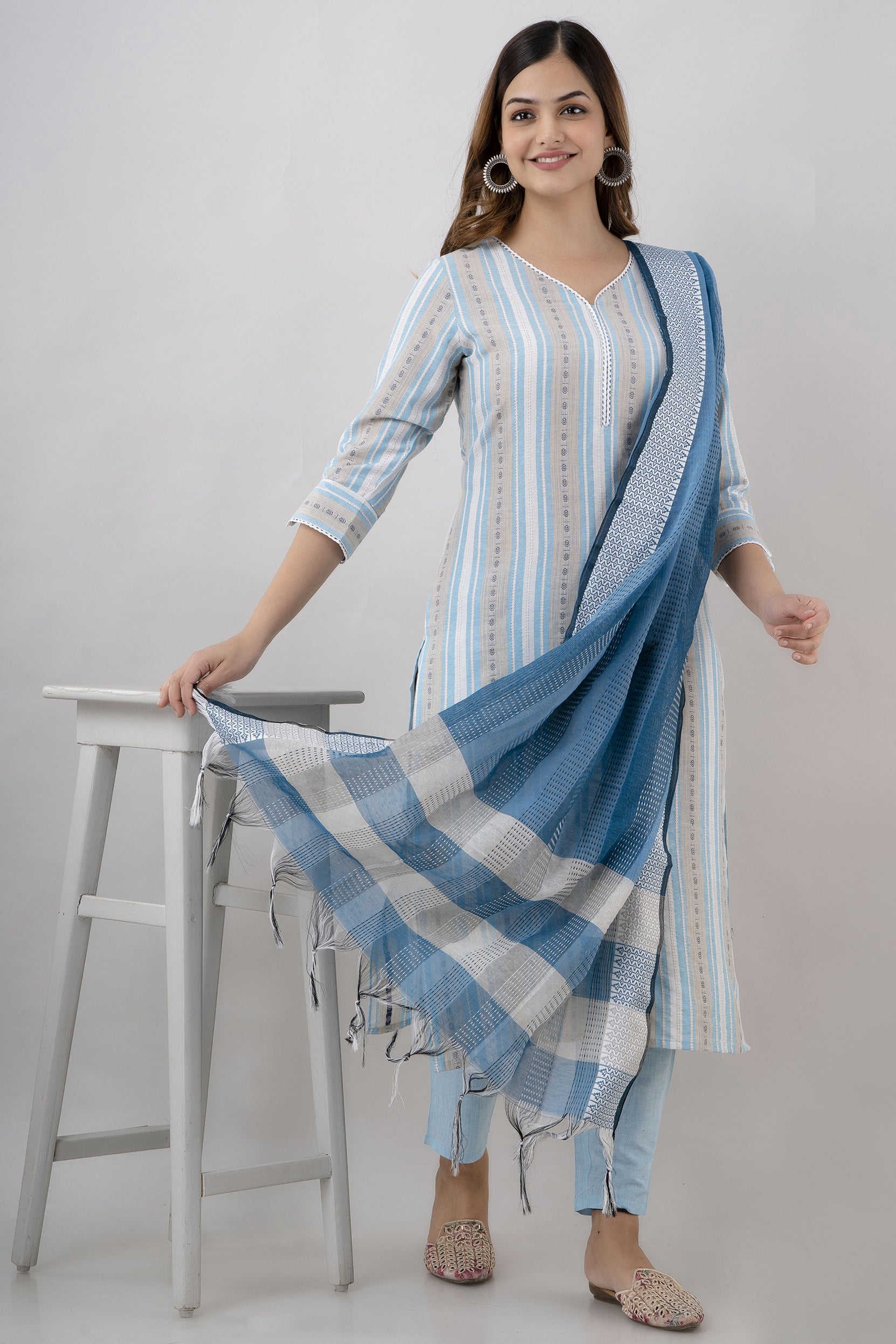 Women's Striped Cotton Blend Straight Kurta Pant & Dupatta Set (Sky Blue) - Charu
