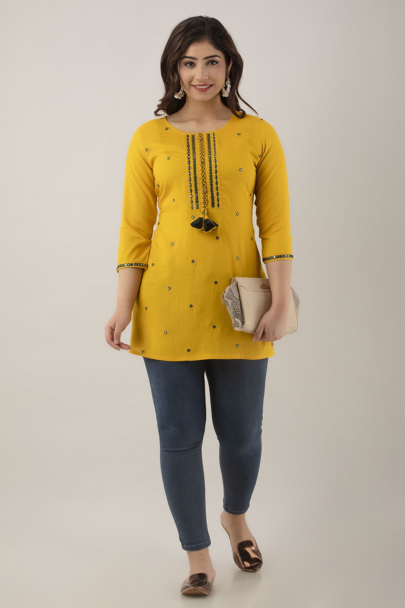 Women's Embroidered Viscose Rayon Regular Top (Mustard) - Charu
