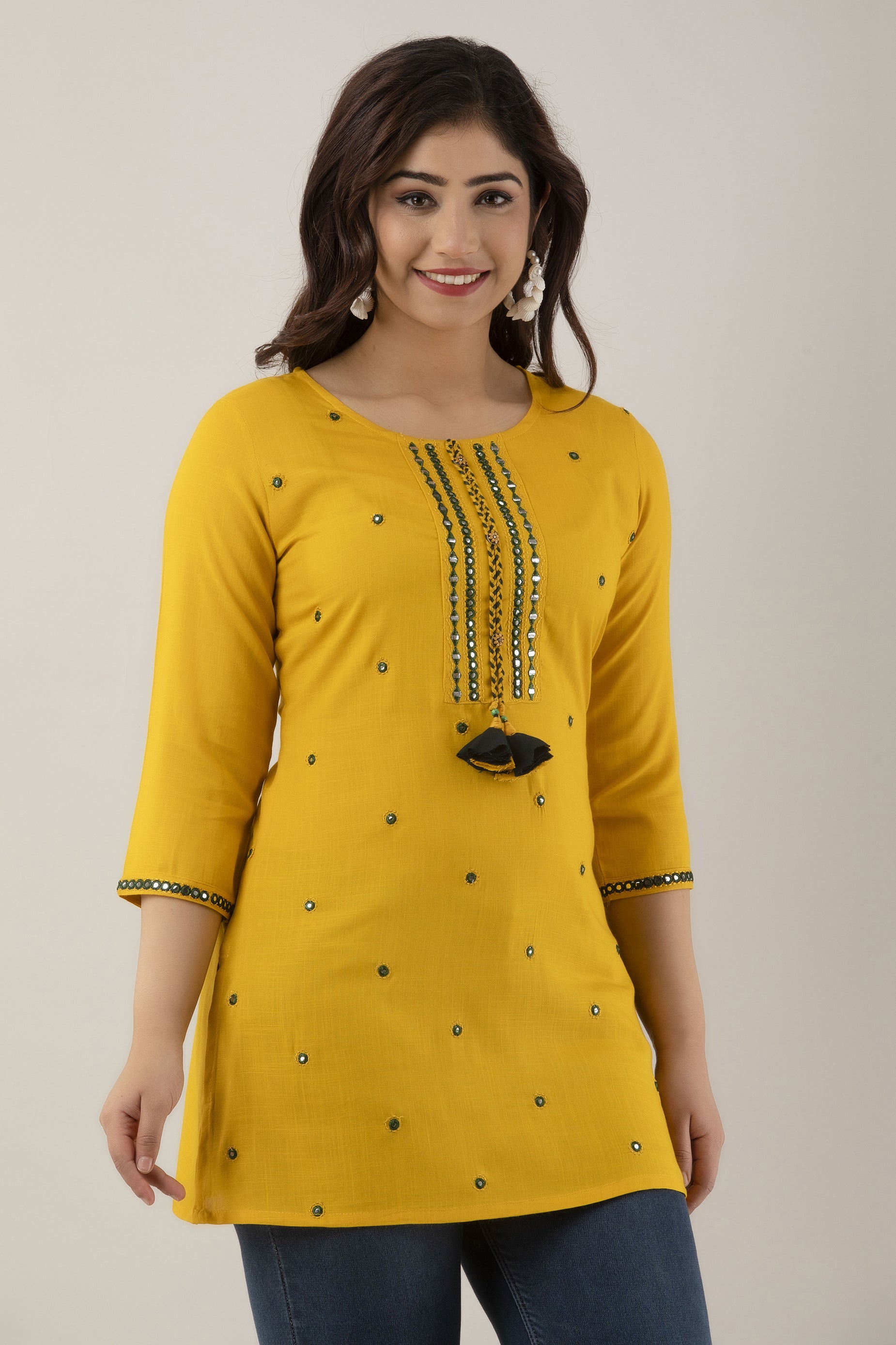 Women's Embroidered Viscose Rayon Regular Top (Mustard) - Charu
