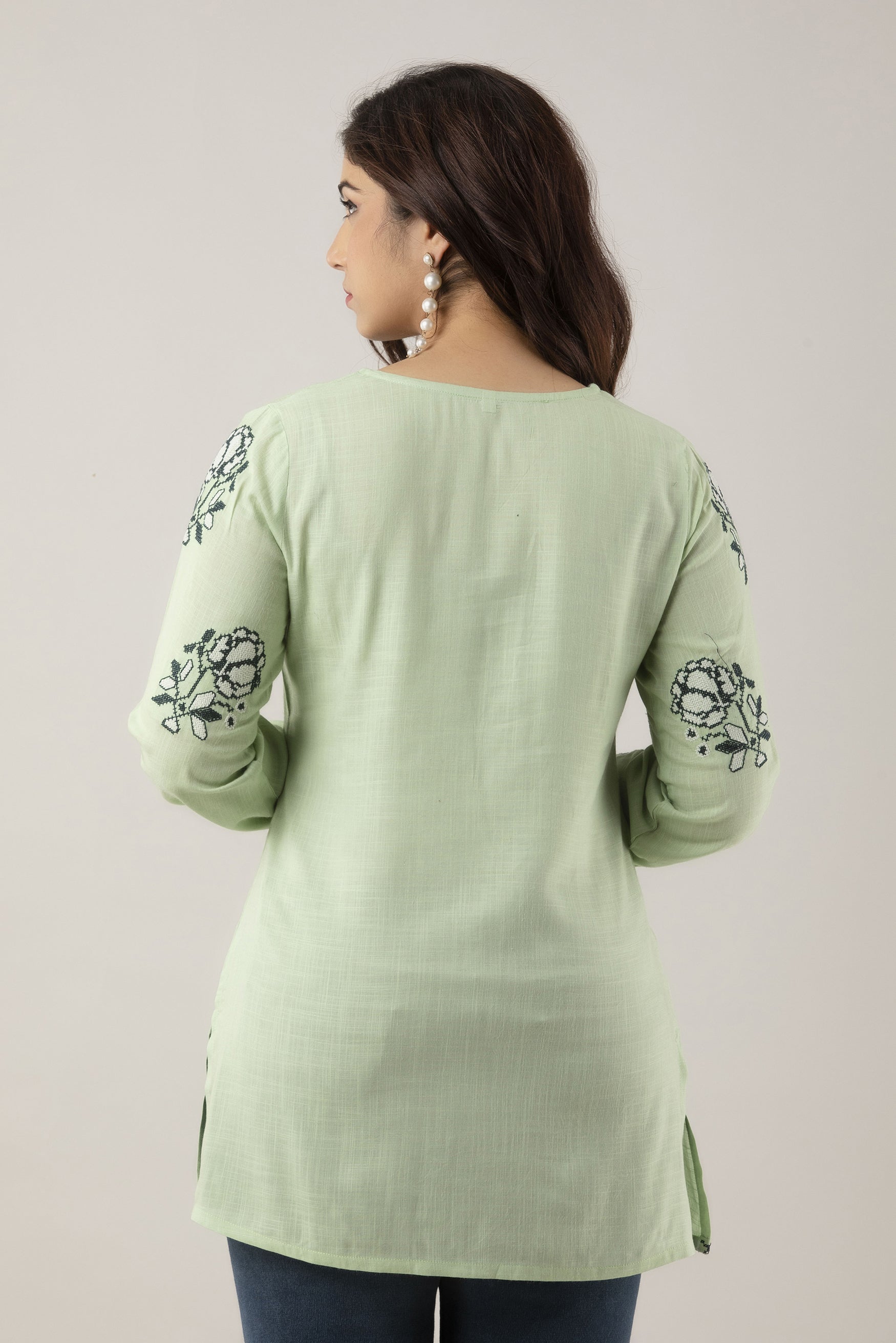 Women's Embroidered Viscose Rayon Regular Top (Light Green) - Charu