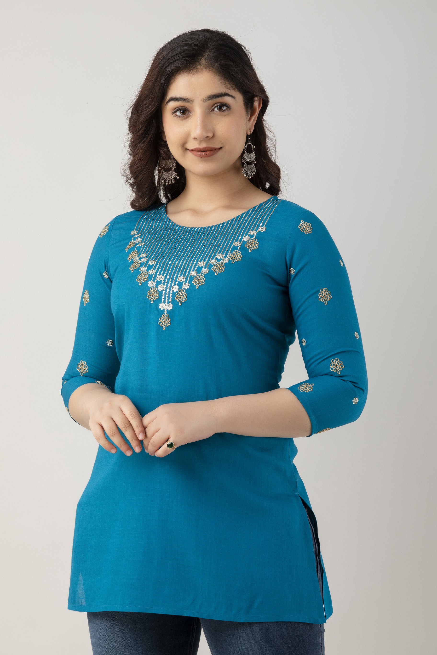 Women's Embroidered Viscose Rayon Regular Top (Sky Blue) - Charu
