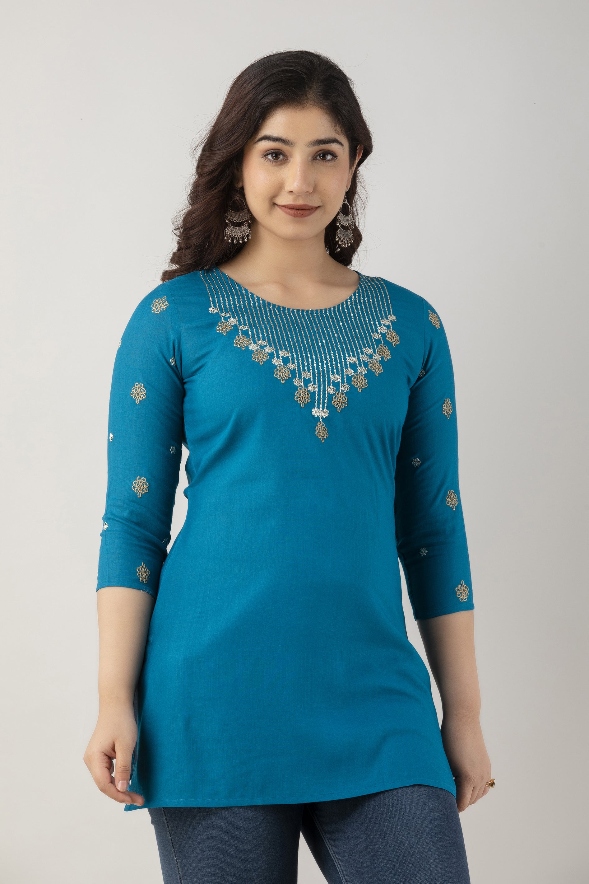 Women's Embroidered Viscose Rayon Regular Top (Sky Blue) - Charu