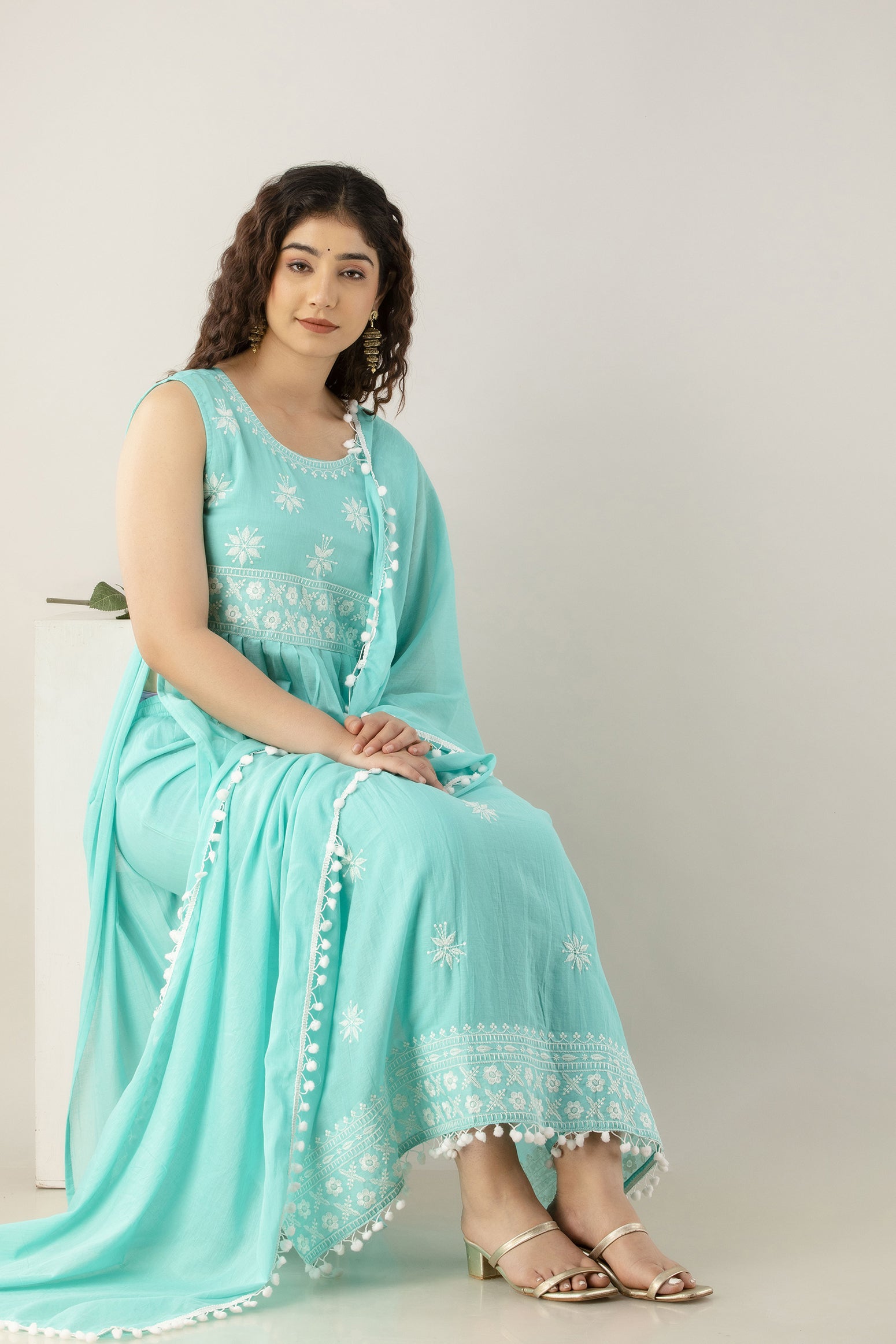 Women's Embroidered Cotton Naira Cut Kurta Pant & Dupatta Set (Sky Blue) - Charu
