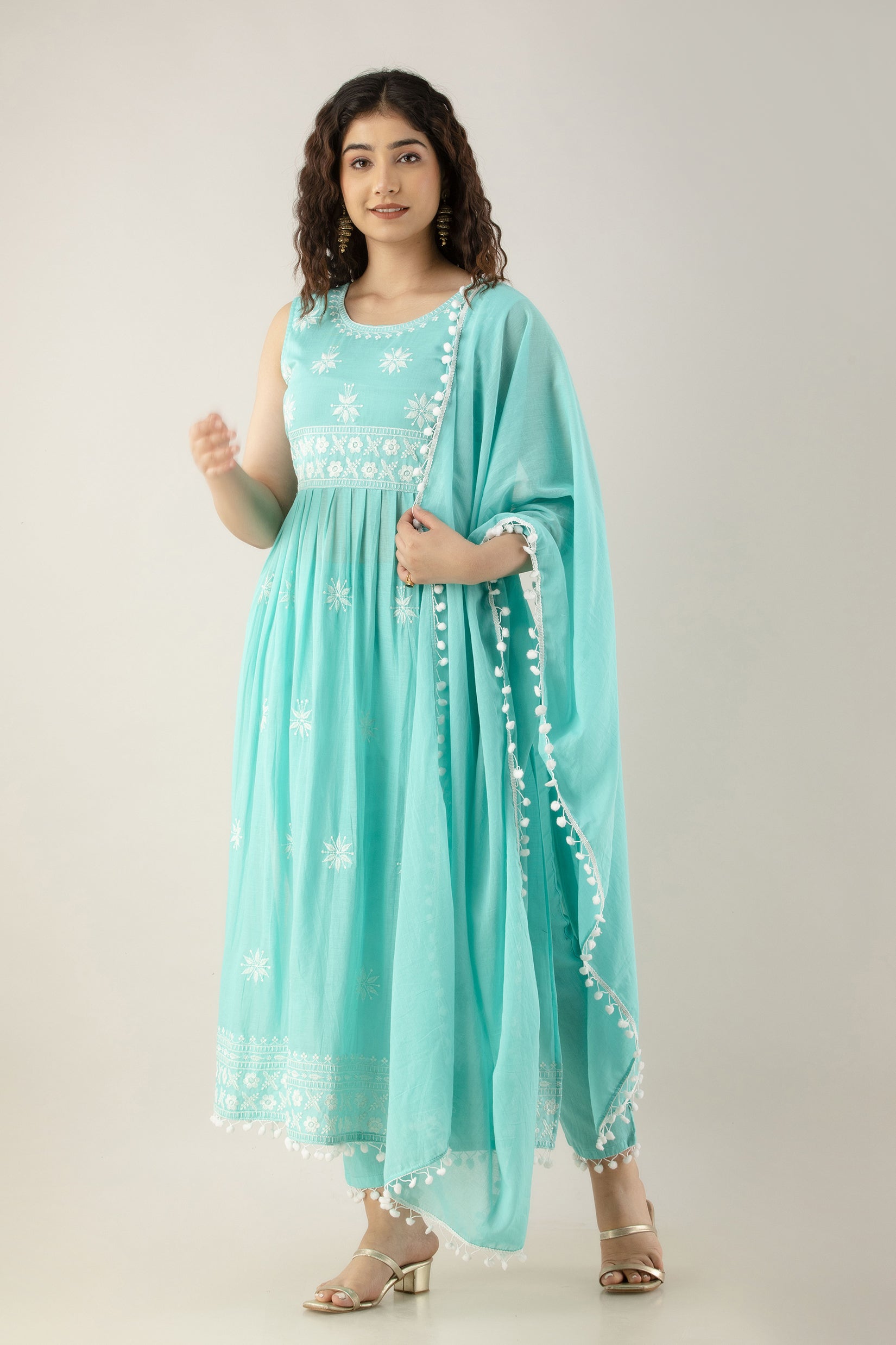 Women's Embroidered Cotton Naira Cut Kurta Pant & Dupatta Set (Sky Blue) - Charu