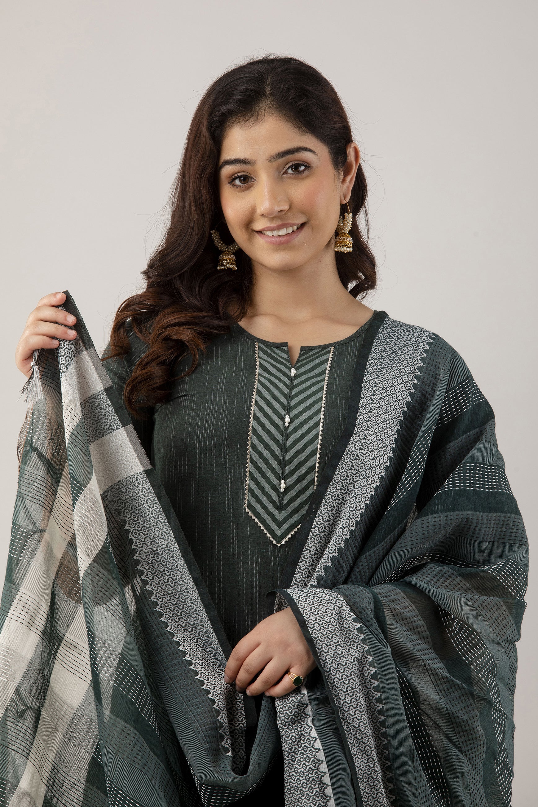 Women's Woven & Striped Cotton Blend Straight Kurta Pant & Dupatta Set (Bottle Green) - Charu