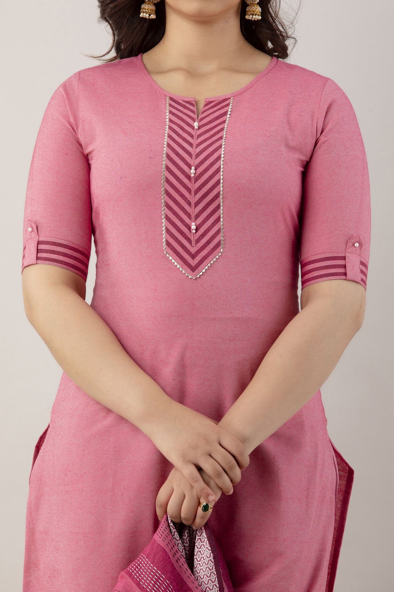 Women's Woven & Striped Cotton Blend Straight Kurta Pant & Dupatta Set (Pink) - Charu