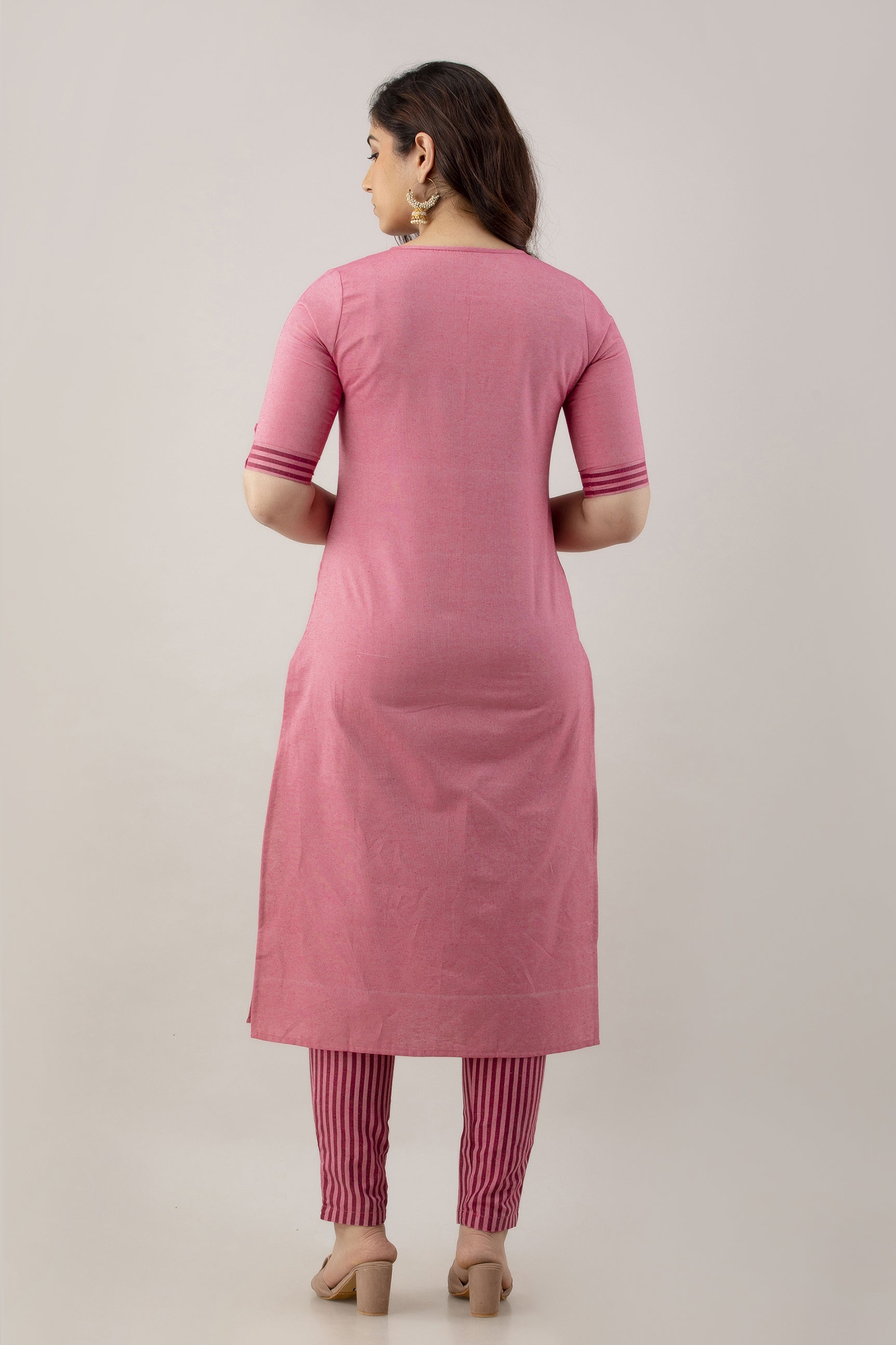 Women's Woven & Striped Cotton Blend Straight Kurta Pant & Dupatta Set (Pink) - Charu