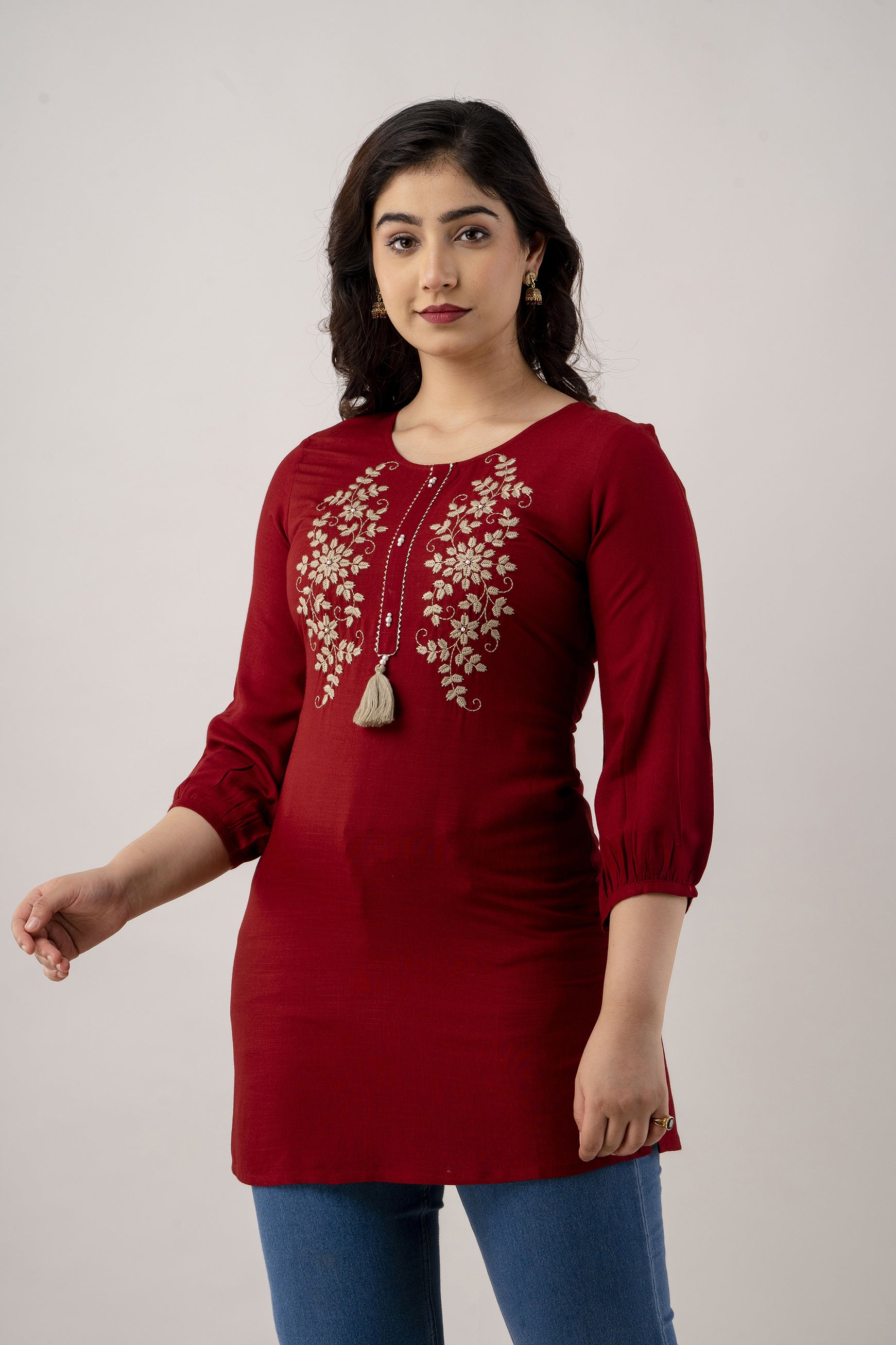 Women's Embroidered Viscose Rayon Regular Top (Maroon) - Charu